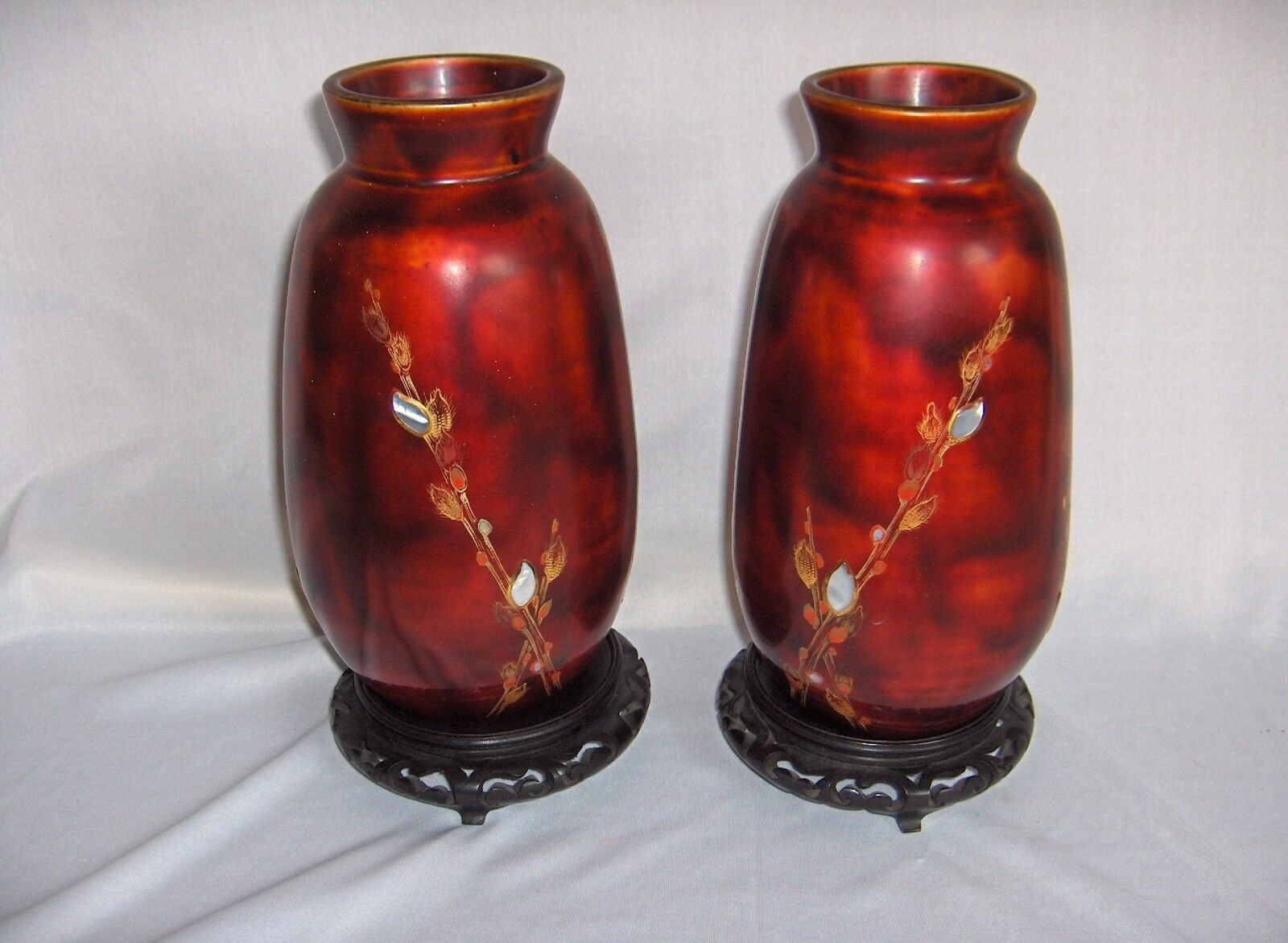 Pair Vintage Red Lacquer Vases Royal Murani Japan Mother Of Pearl Inlays NICE