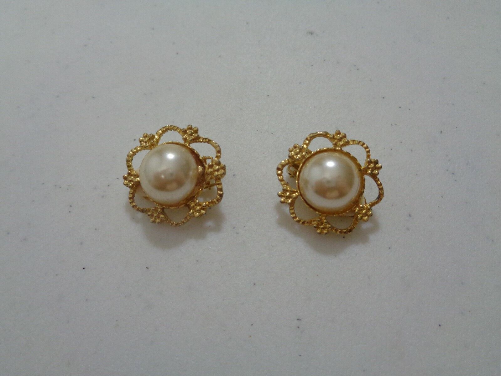 Vintage Pair Gold Tone With White Setting Clip Earrings  D7