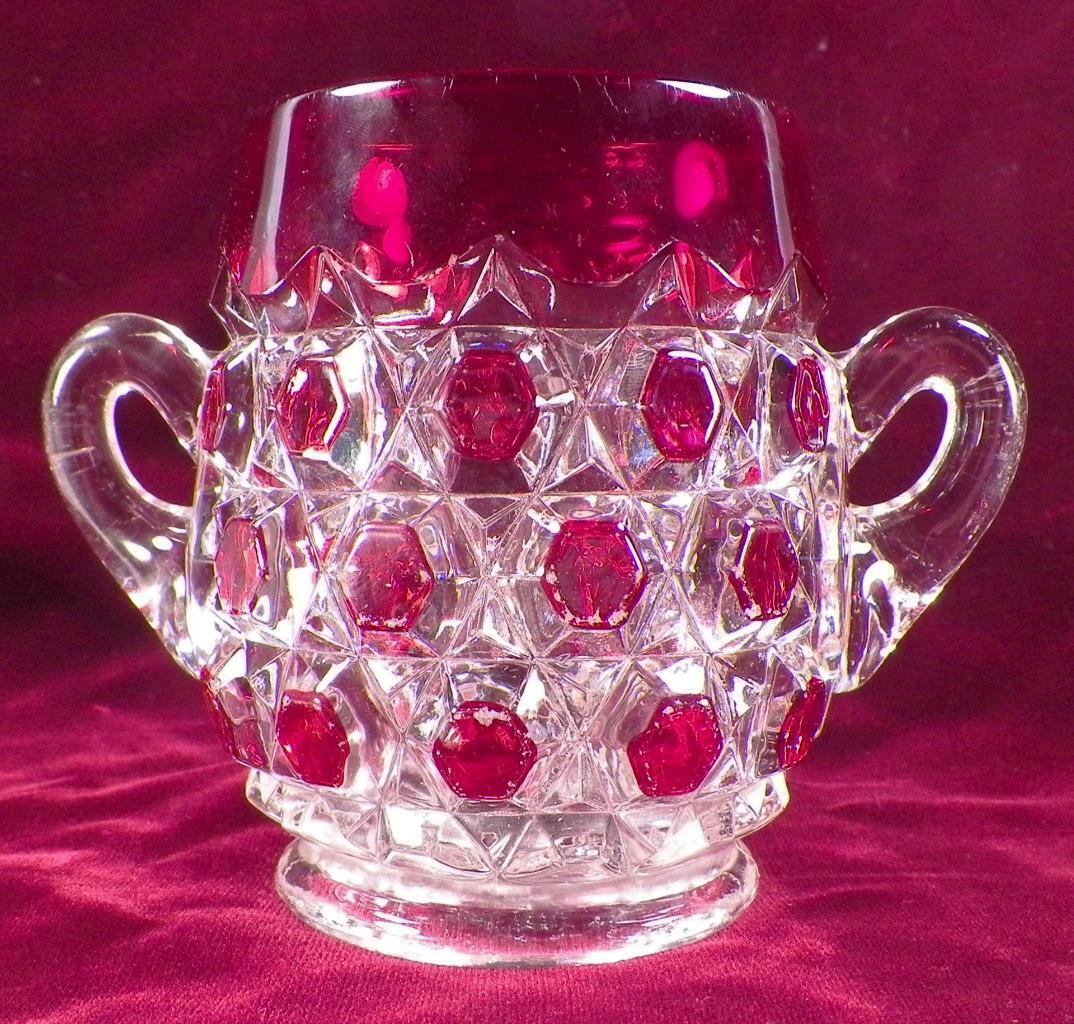 Red Block Sugar Bowl Fostoria 150 Ruby Stained EAPG Captain Kidd 1890 Antique