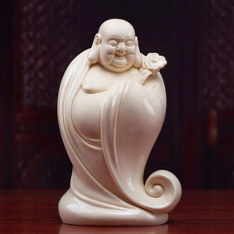 25cm China Dehua Porcelain Pottery Happy Laugh Maitreya Buddha Ruyi Statue decor