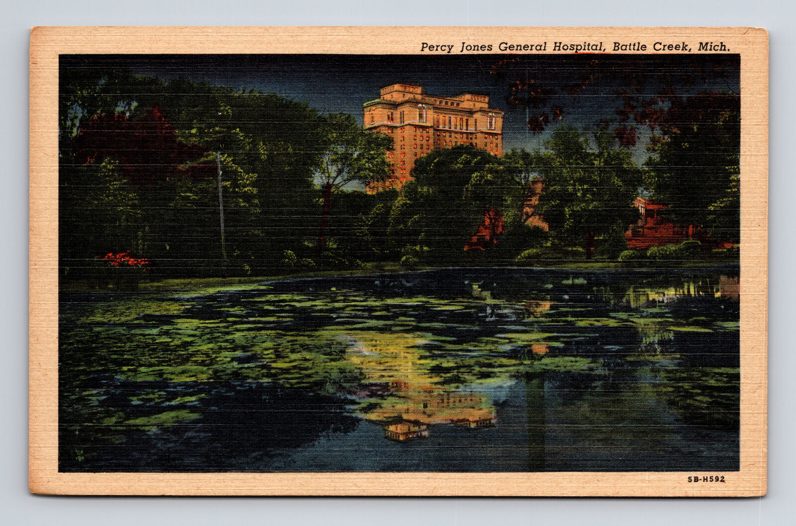 c1945 Linen Postcard Battle Creek MI Michigan Percy Jones General Hospital Night