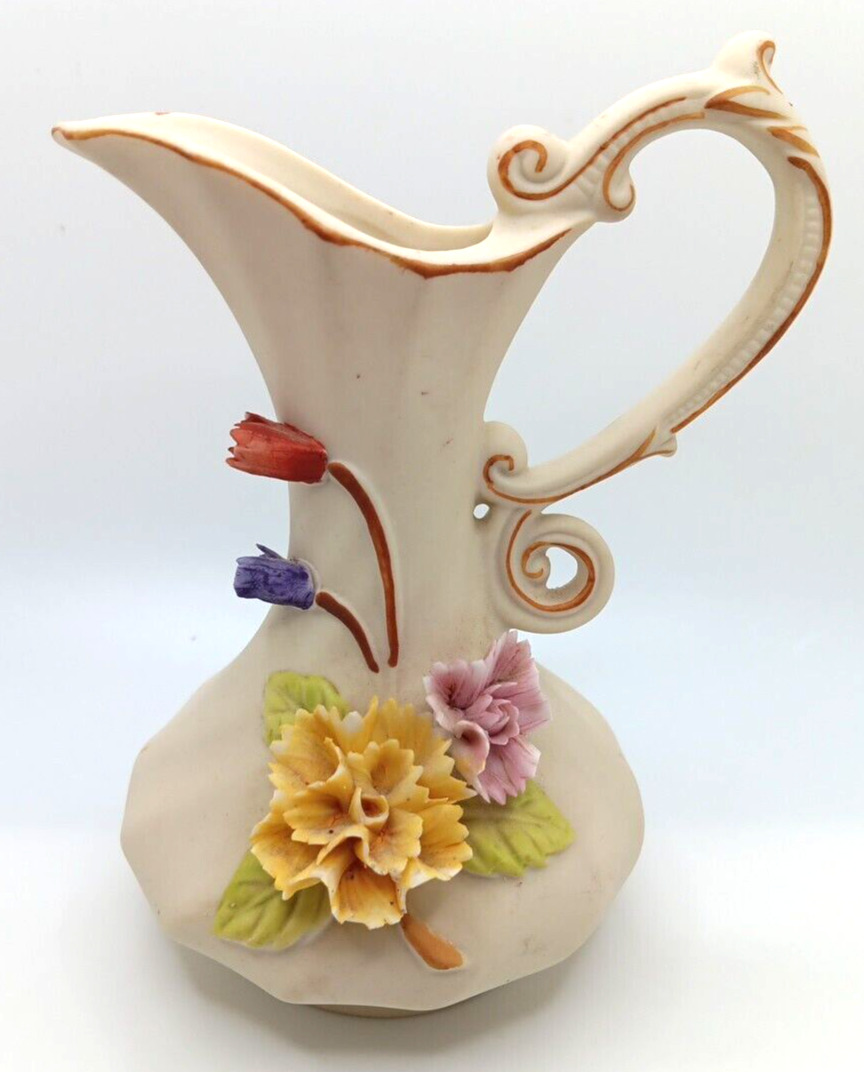 Small Vintage China Capodimonte Style Pitcher Vase With 3D Sculpted Flowers