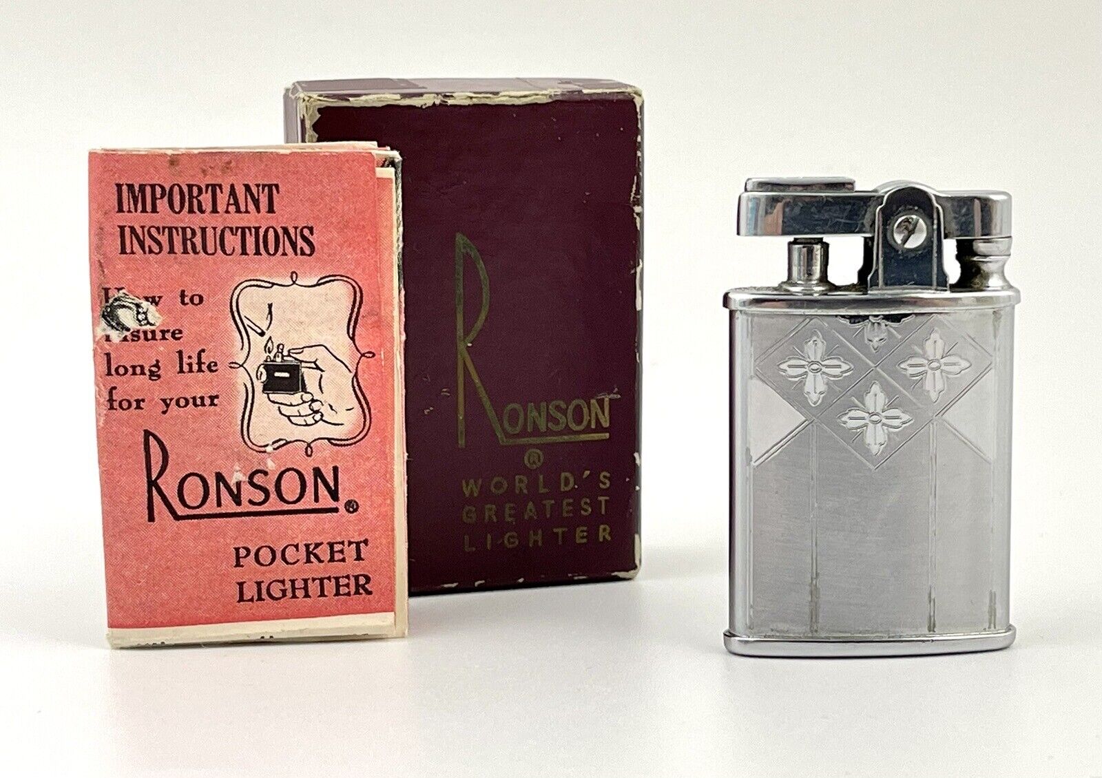 Vintage Ronson GEM Pocket Lighter 1950 w/ Box and Instructions