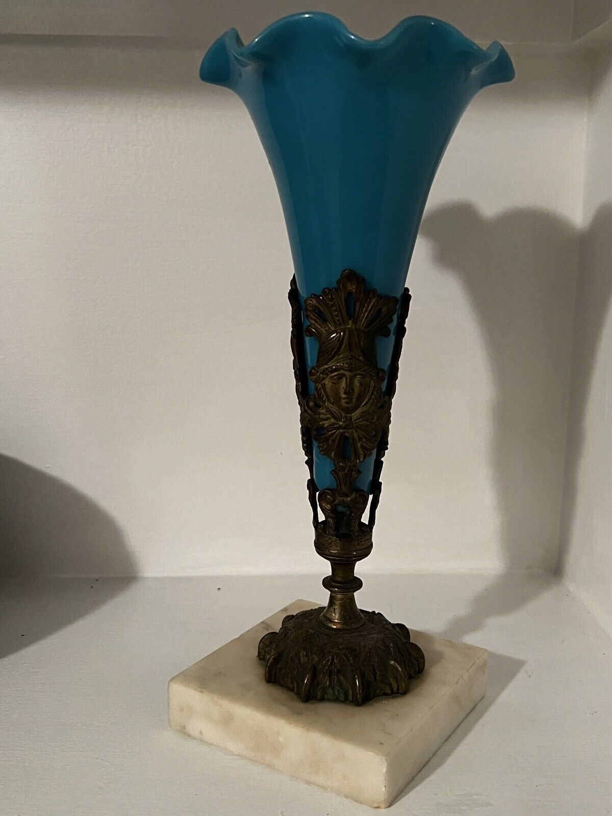 RARE ANTIQUE LATE 1800s Victorian BLUE GLASS EPERGNE VASE WITH MARBLE BASE
