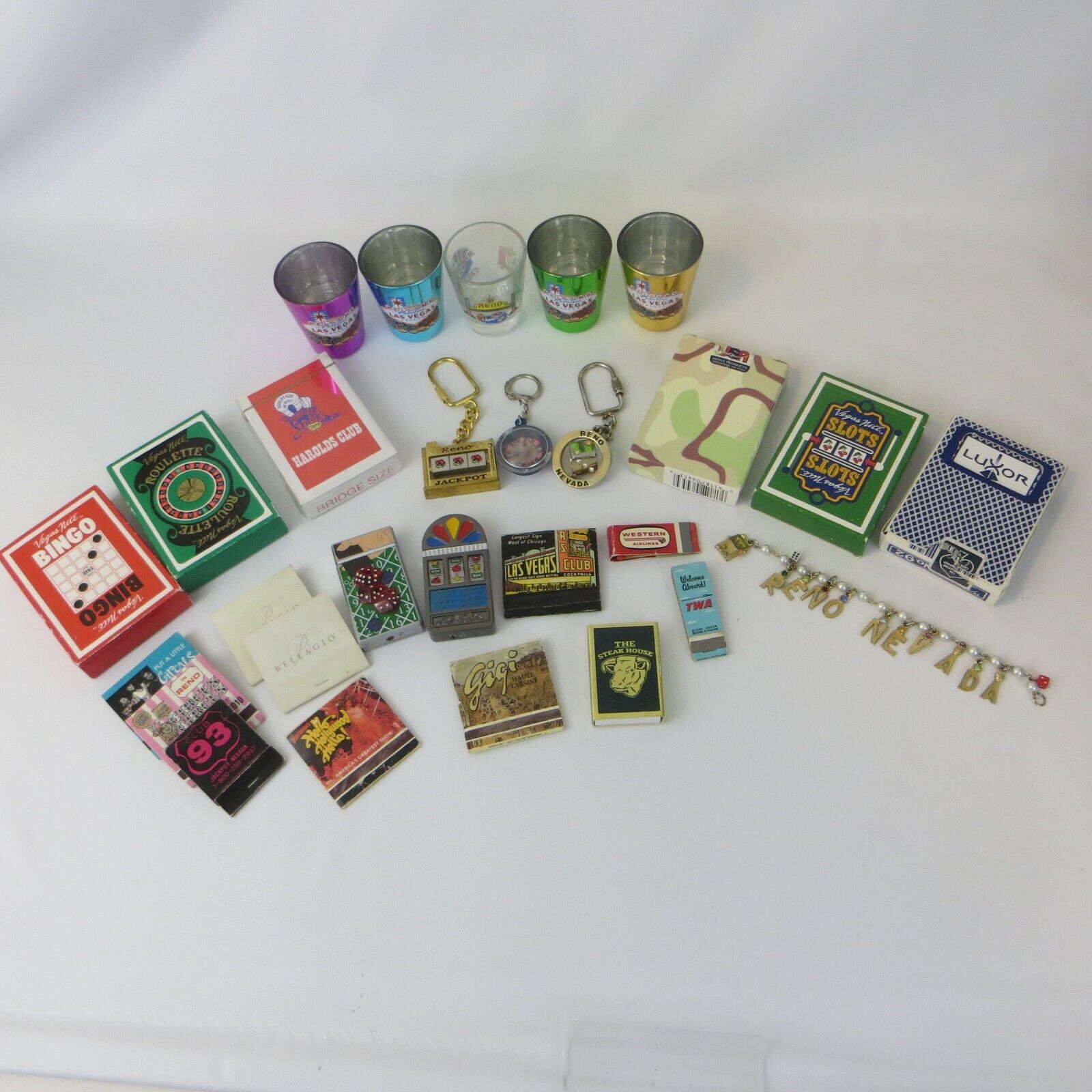 Lg Lot VTG Casino Las Vegas Reno Shot Glass Cards Keychain Matchbooks Lighters