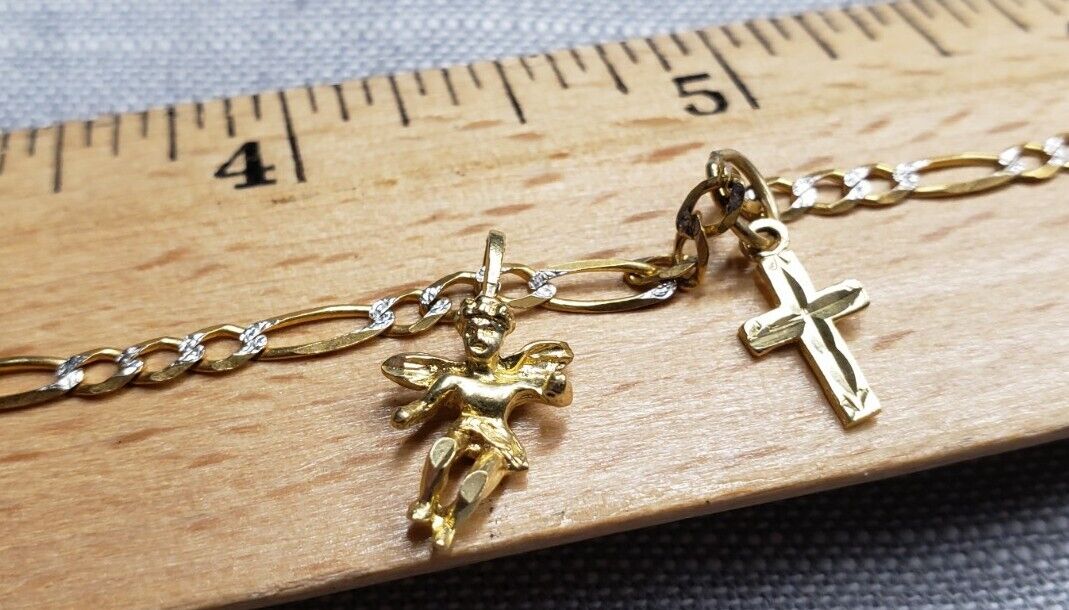 Vintage Bracelet 10k & 14k Gold Angel & Cross Pendants Christian H90