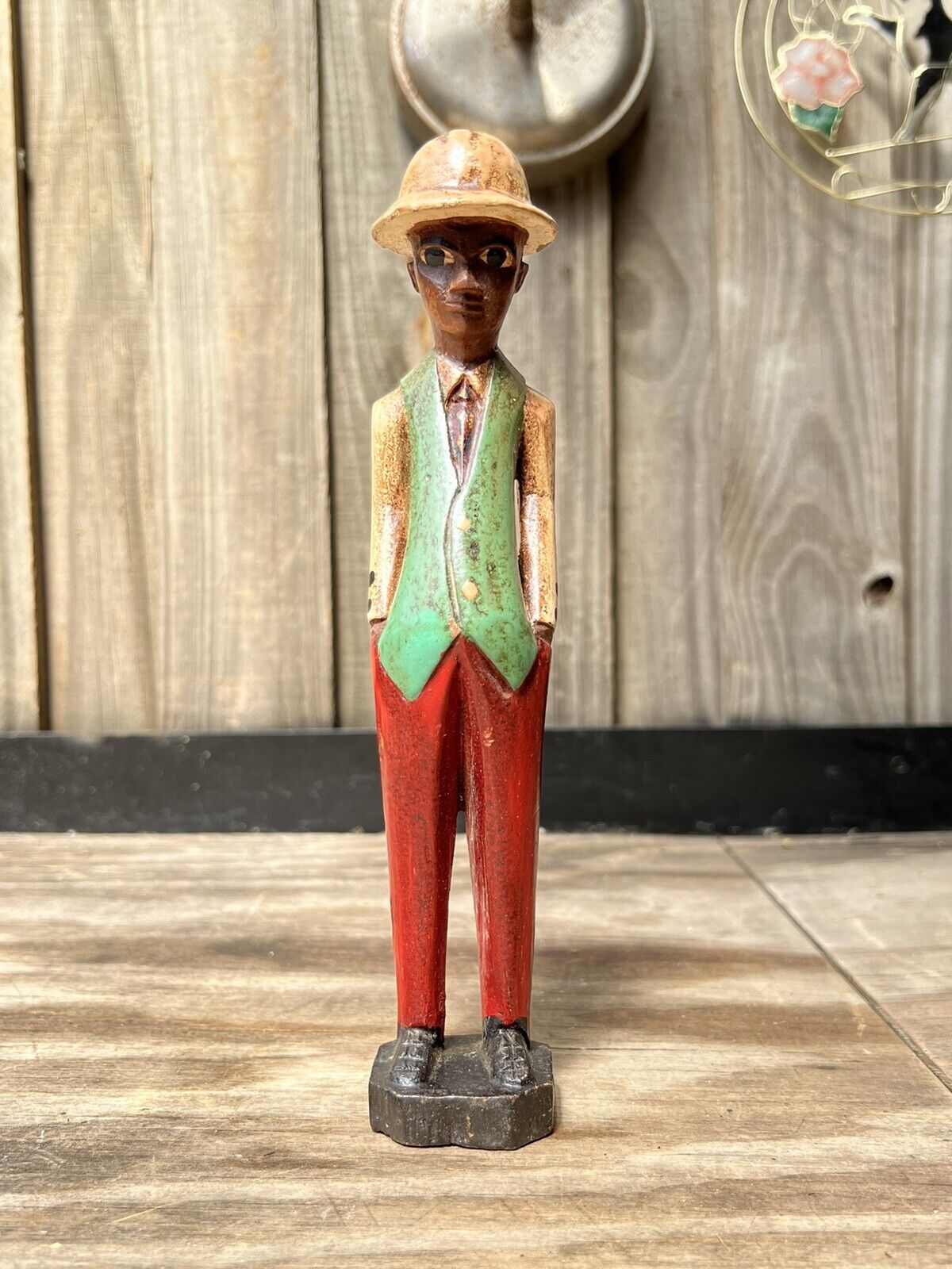 Vintage Baule Colonist MCM Shabby African Man Posture Vest Hat Wooden Figurine