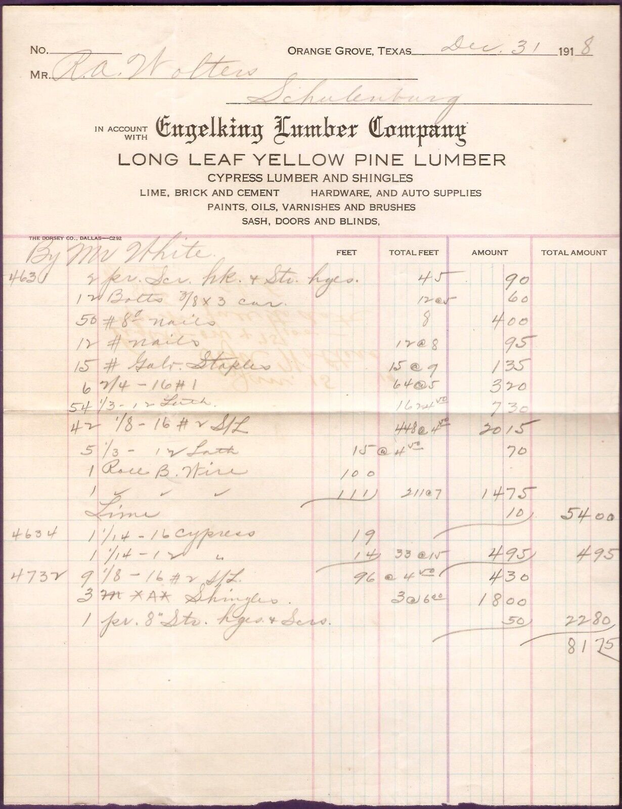Orange Grove Texas 1918 Engelking Lumber Company Bill of Sale & Payment Note