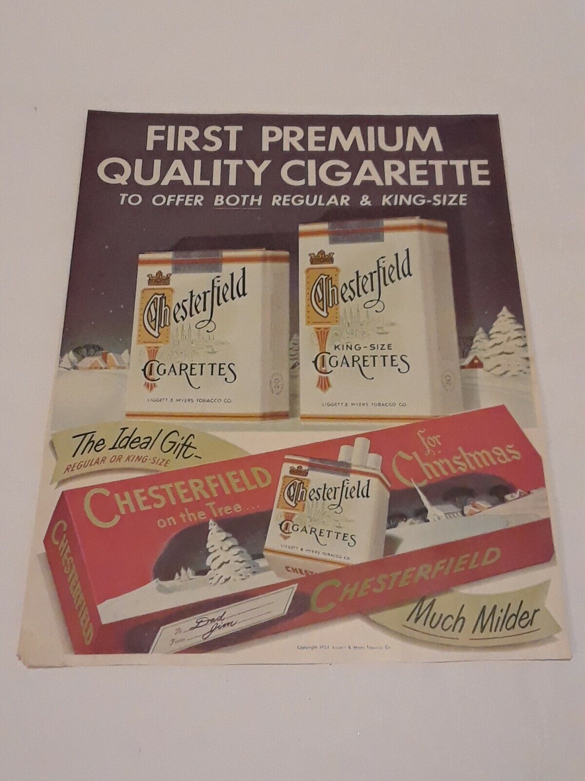 1952 MAGAZINE PRINT AD CHESTERFIELD CIGARETTES CHRISTMAS CARTON THE IDEAL GIFT