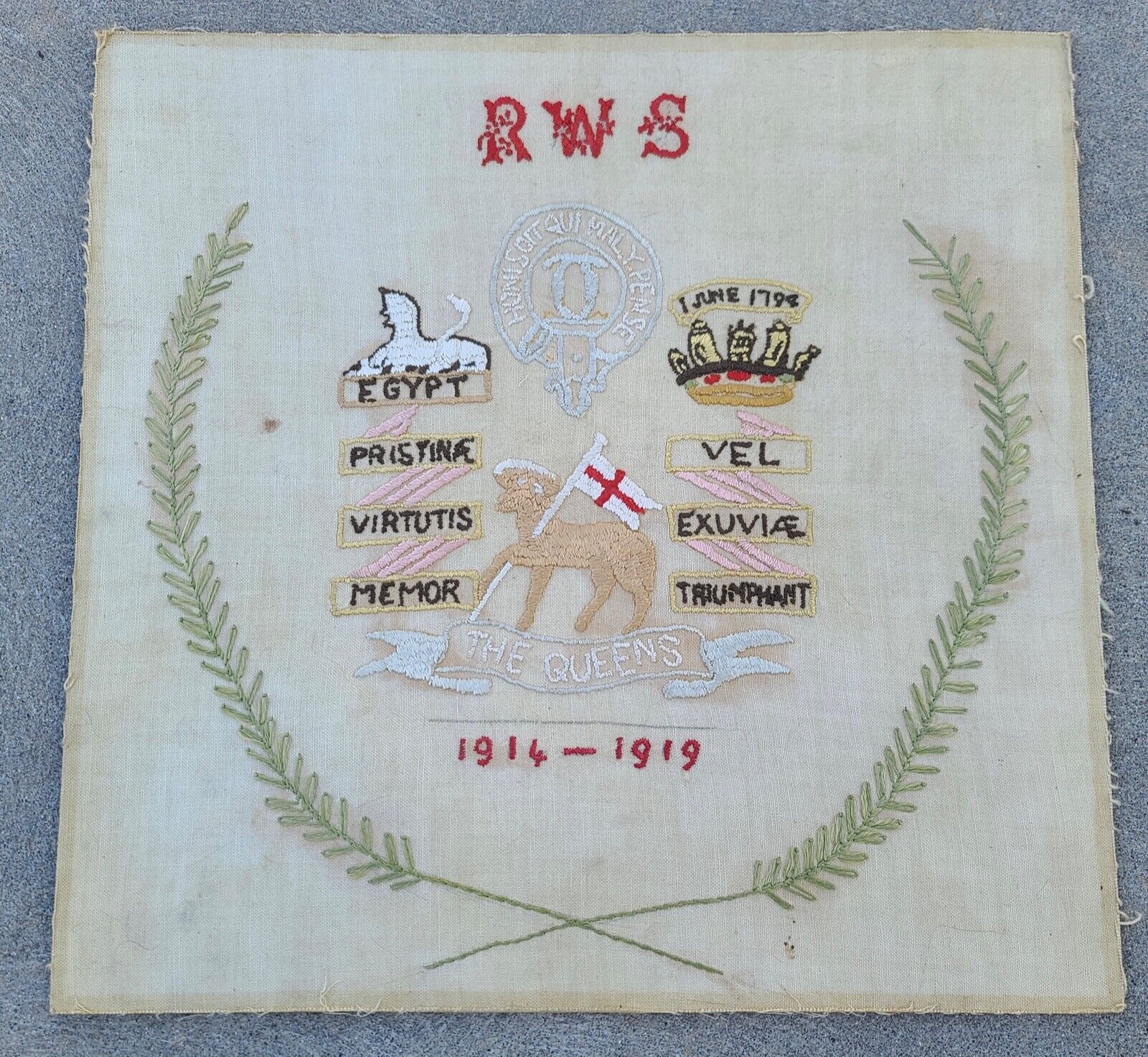 Antique Queen's Royal West Surrey Regiment Sampler WW1 Original