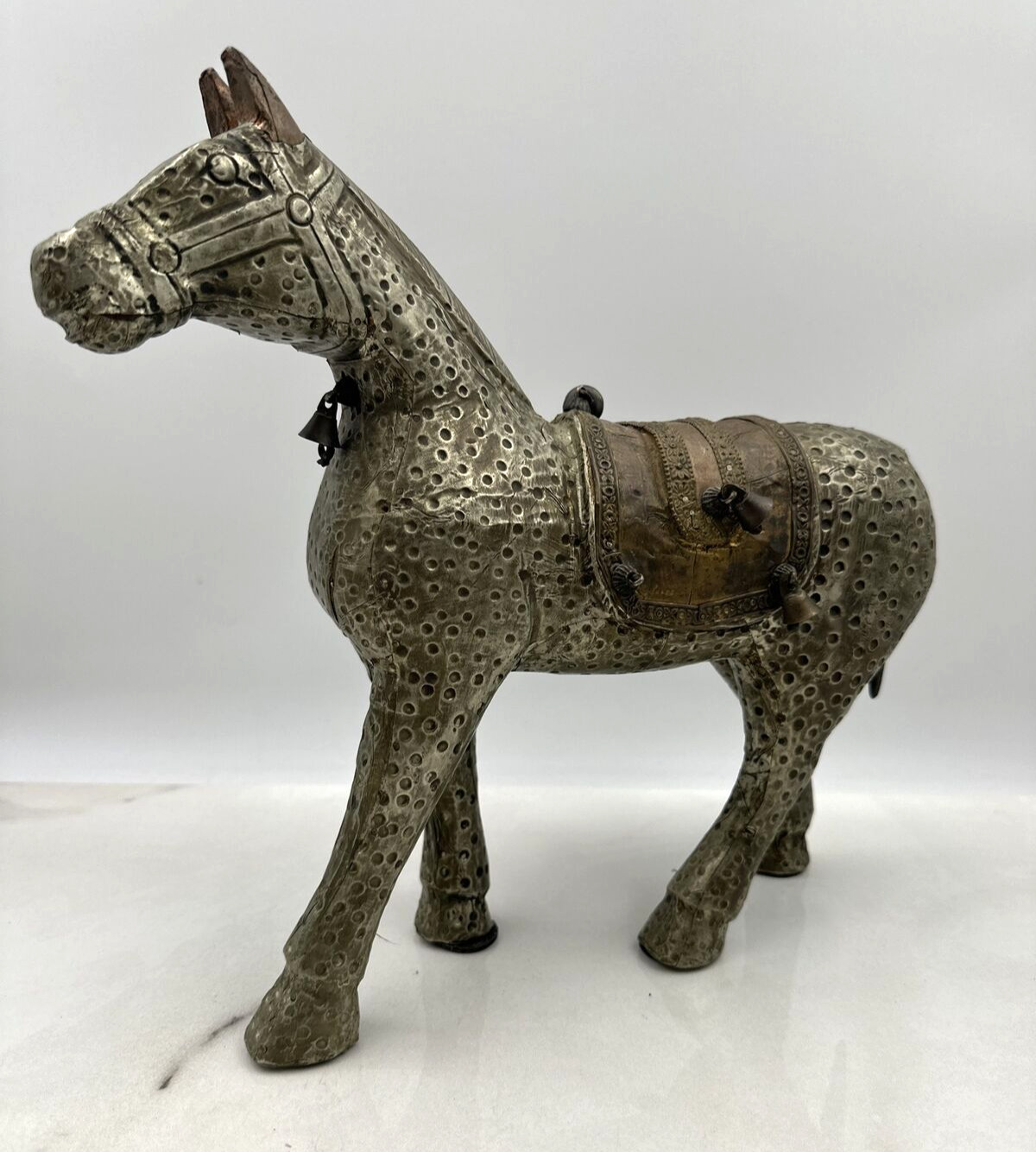 Antique Metal Copper Wrapped Carved Wood Horse Statuette Figurine