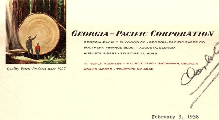 1958 GEORGIA-PACIFIC COPRORATION AUGUSTA GA BUYING LEASING SAWMILL LETTER Z847