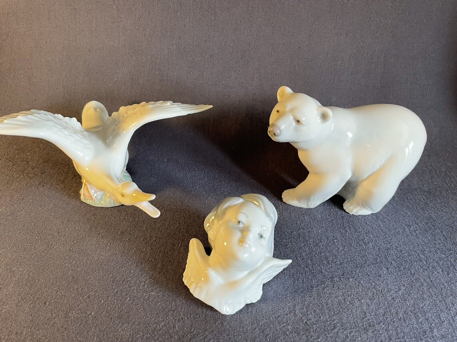 lot of 3 Lladro figurines-wall mount Cherub Head, Goose and Polar Bear