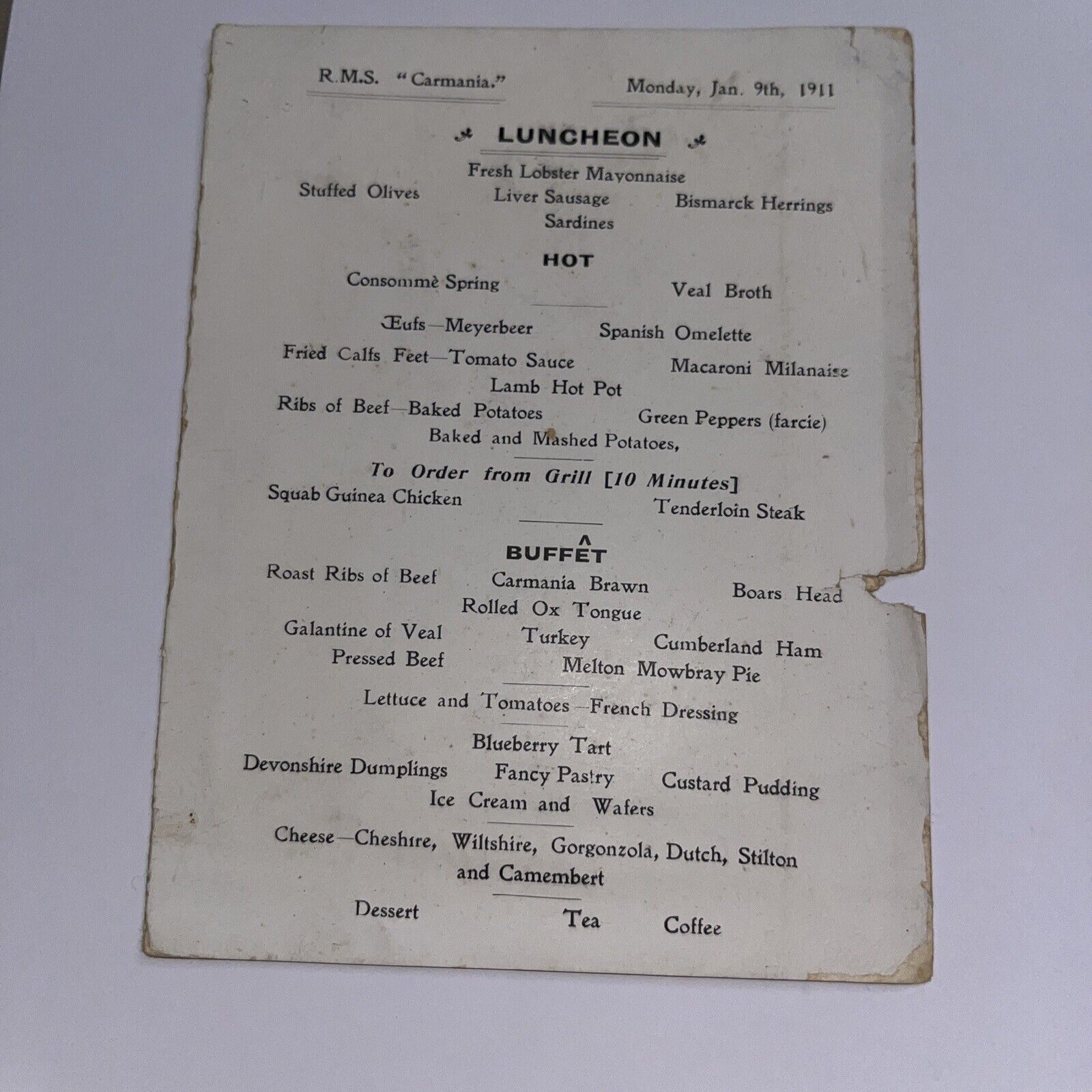 1911 Antique RMS Carmania Ocean Liner - Cunard Line Luncheon Buffet Menu