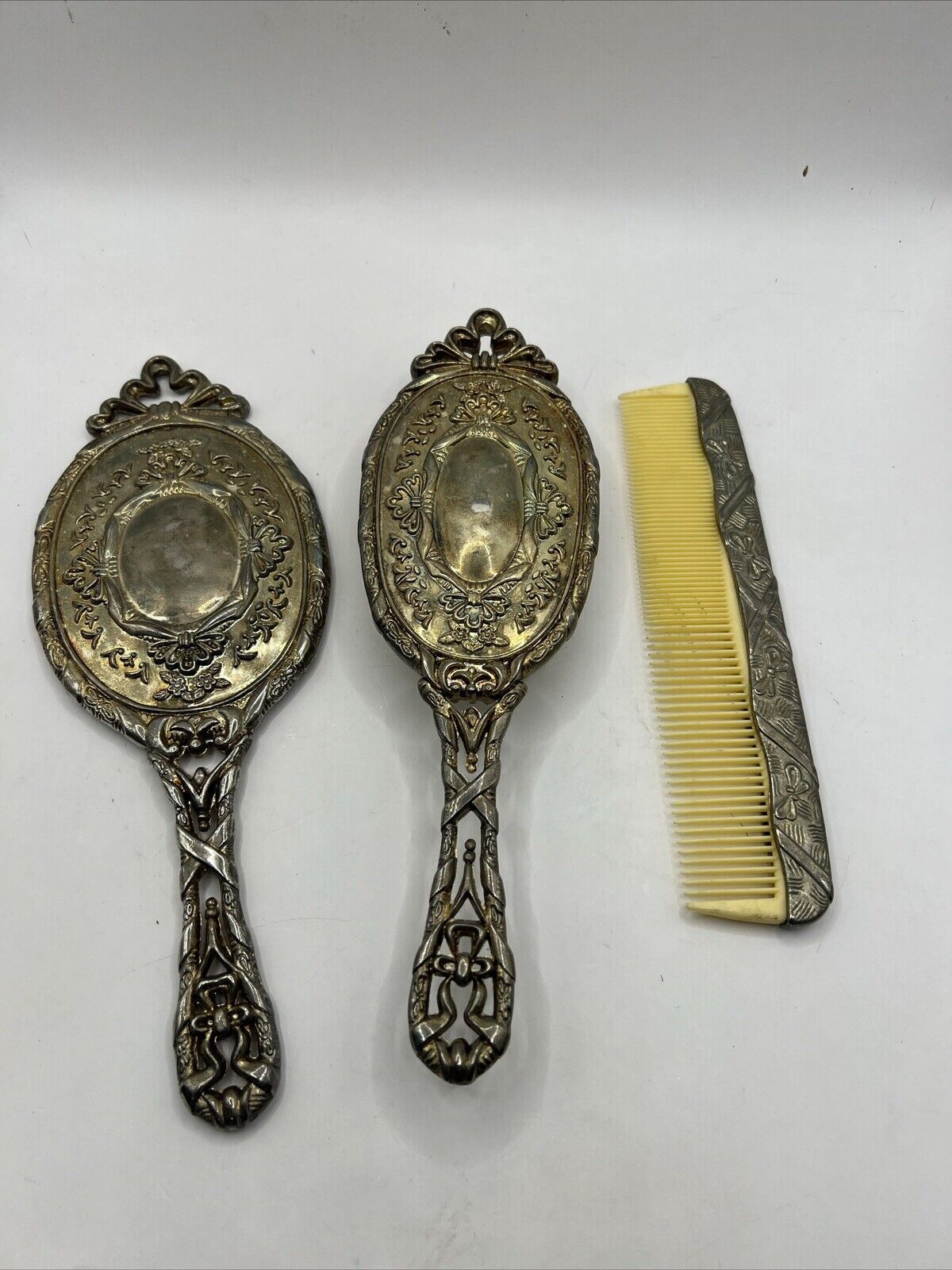 Vintage Silver Plated Vanity Set Three Piece Mirror Brush Comb Bridal Ornate