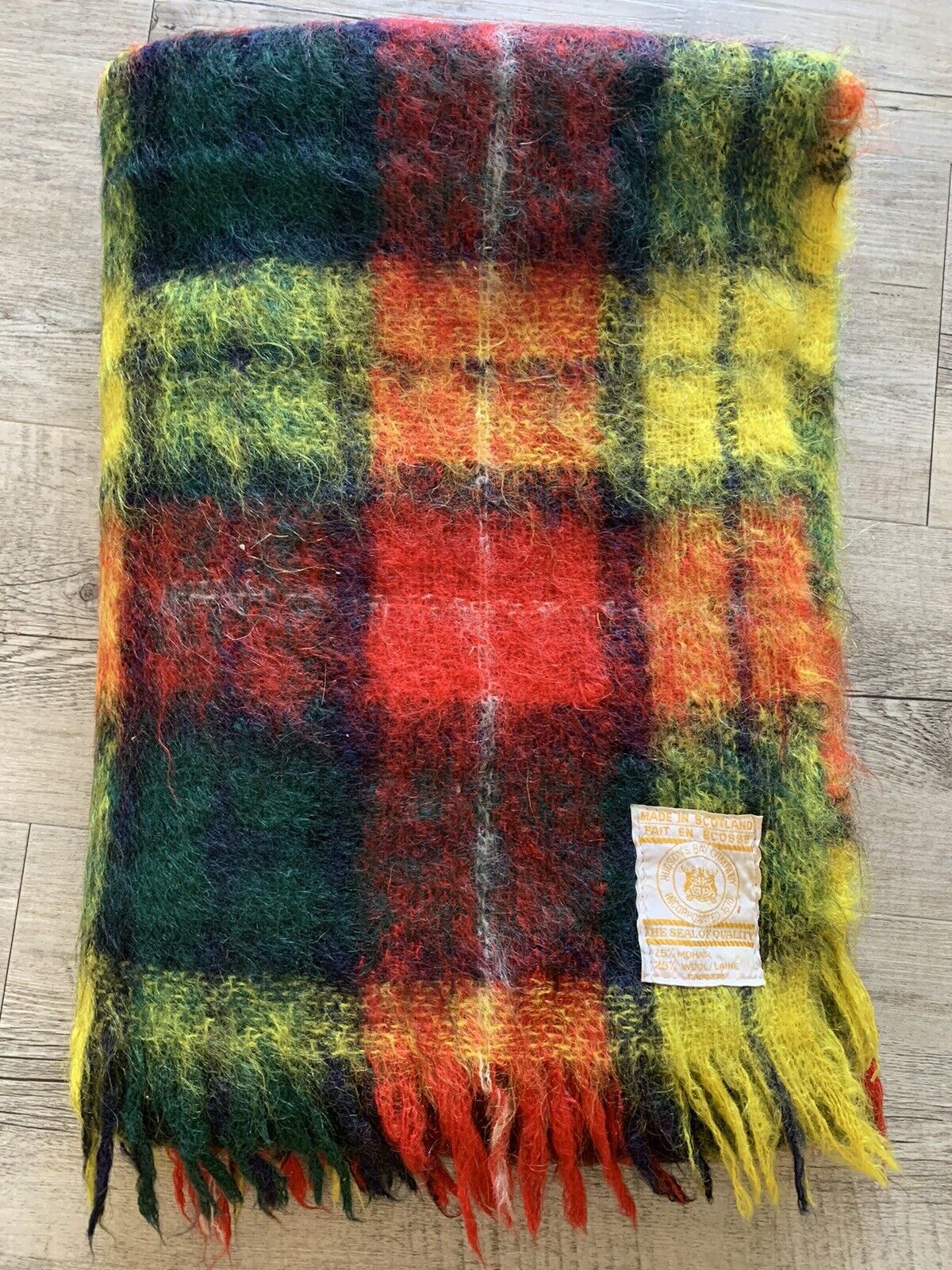 Vtg Hudson’s Bay Company Plaid Mohair/Wool Blanket Throw Made In Scotland