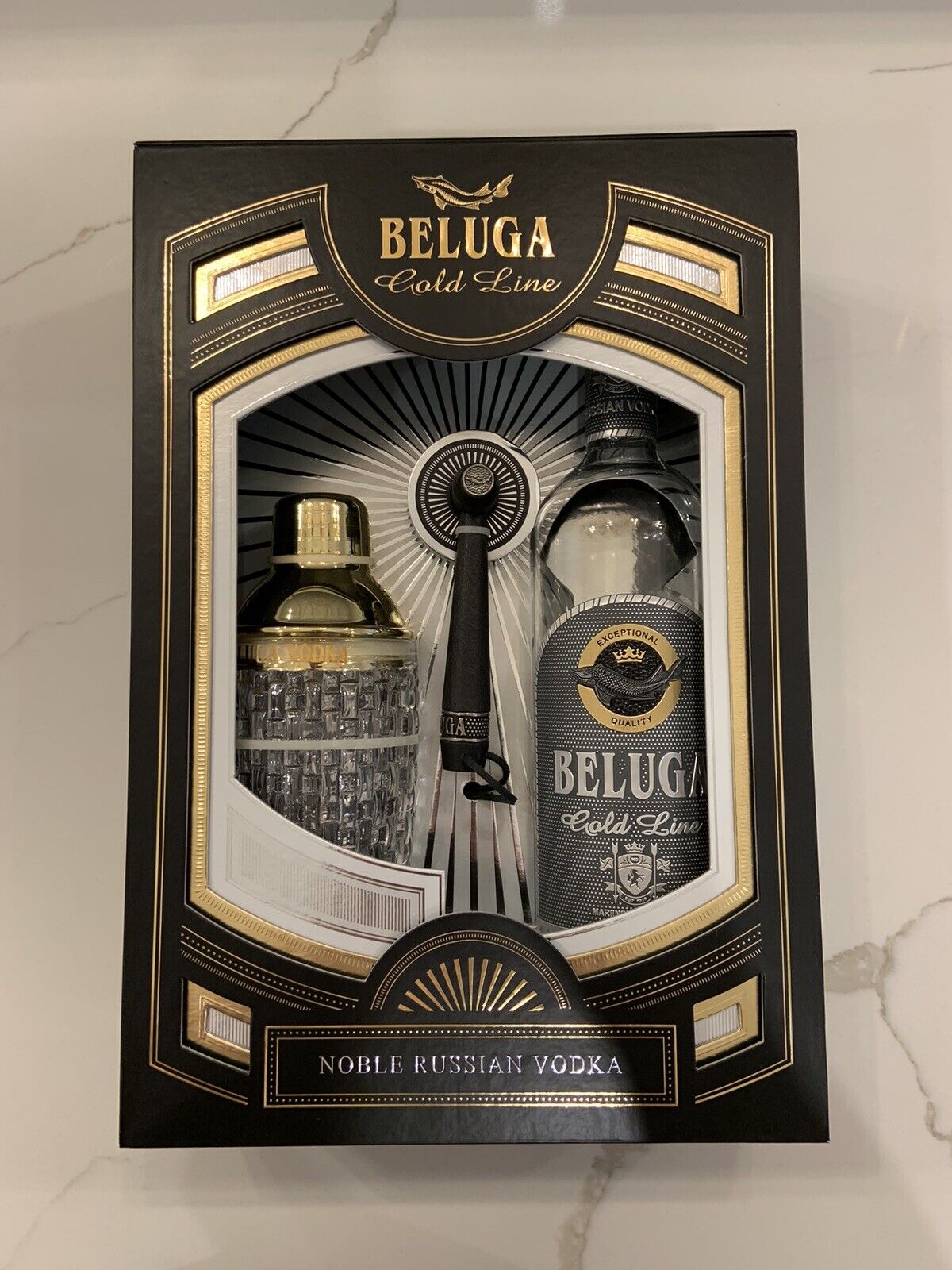 Beluga Russian Vodka Empty Bottle With Cocktail Shaker And Mallet Brush Gift Box