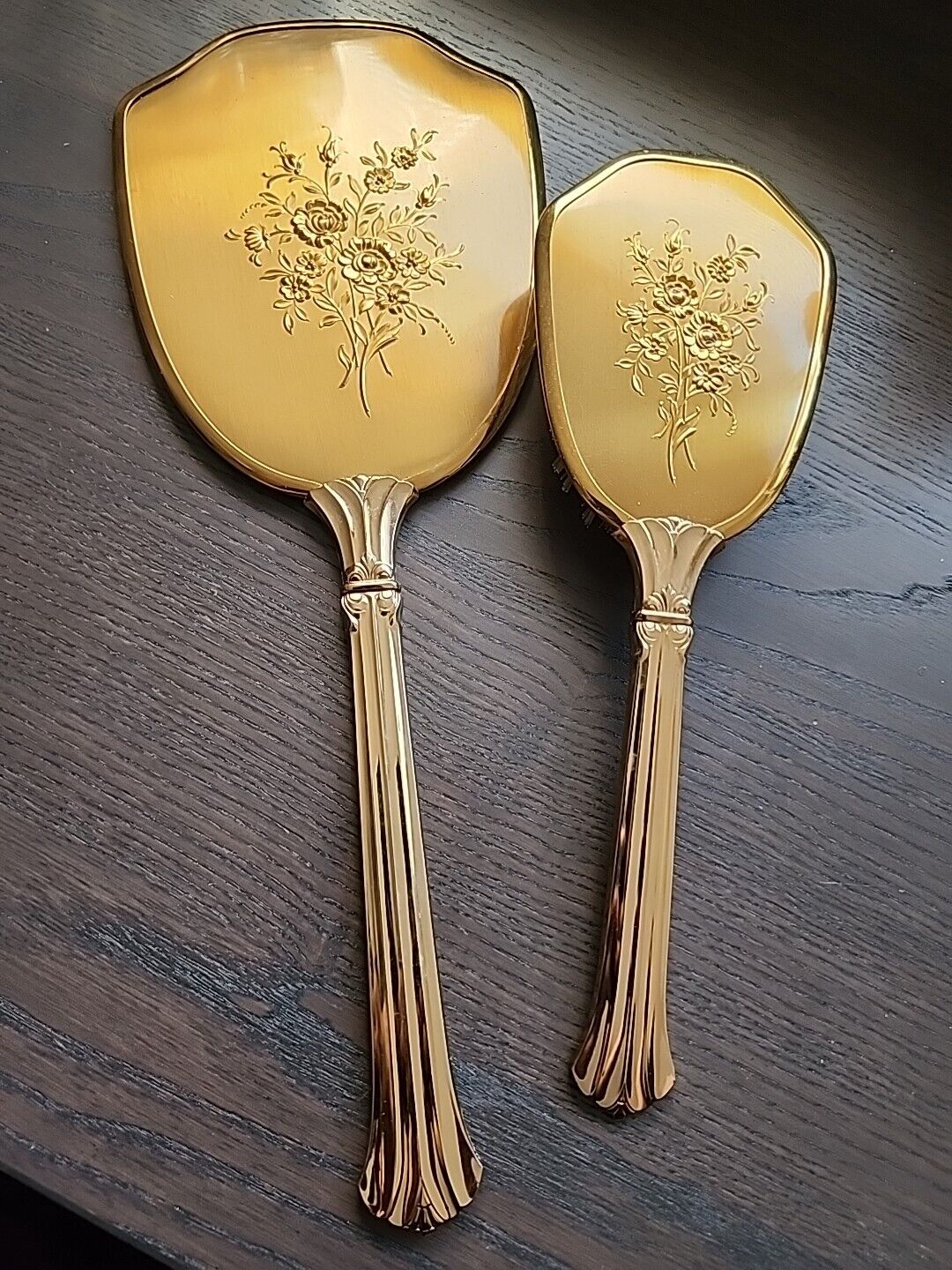 Vintage Matson Mirror Ormolu and Brush Flowers 24K Gold Plated Filigree Set