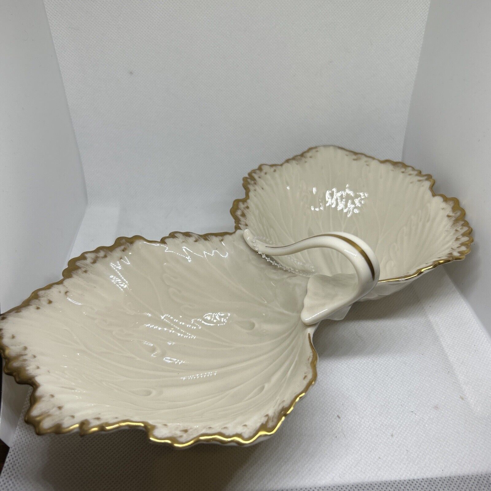 Lenox Double Leaf Candy Dish Gold Ivory Holiday Porcelain Bowls