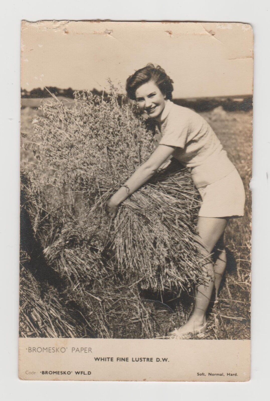 B&W RP Postcard - Female Working Farmer Grass Holding Unused Postcard