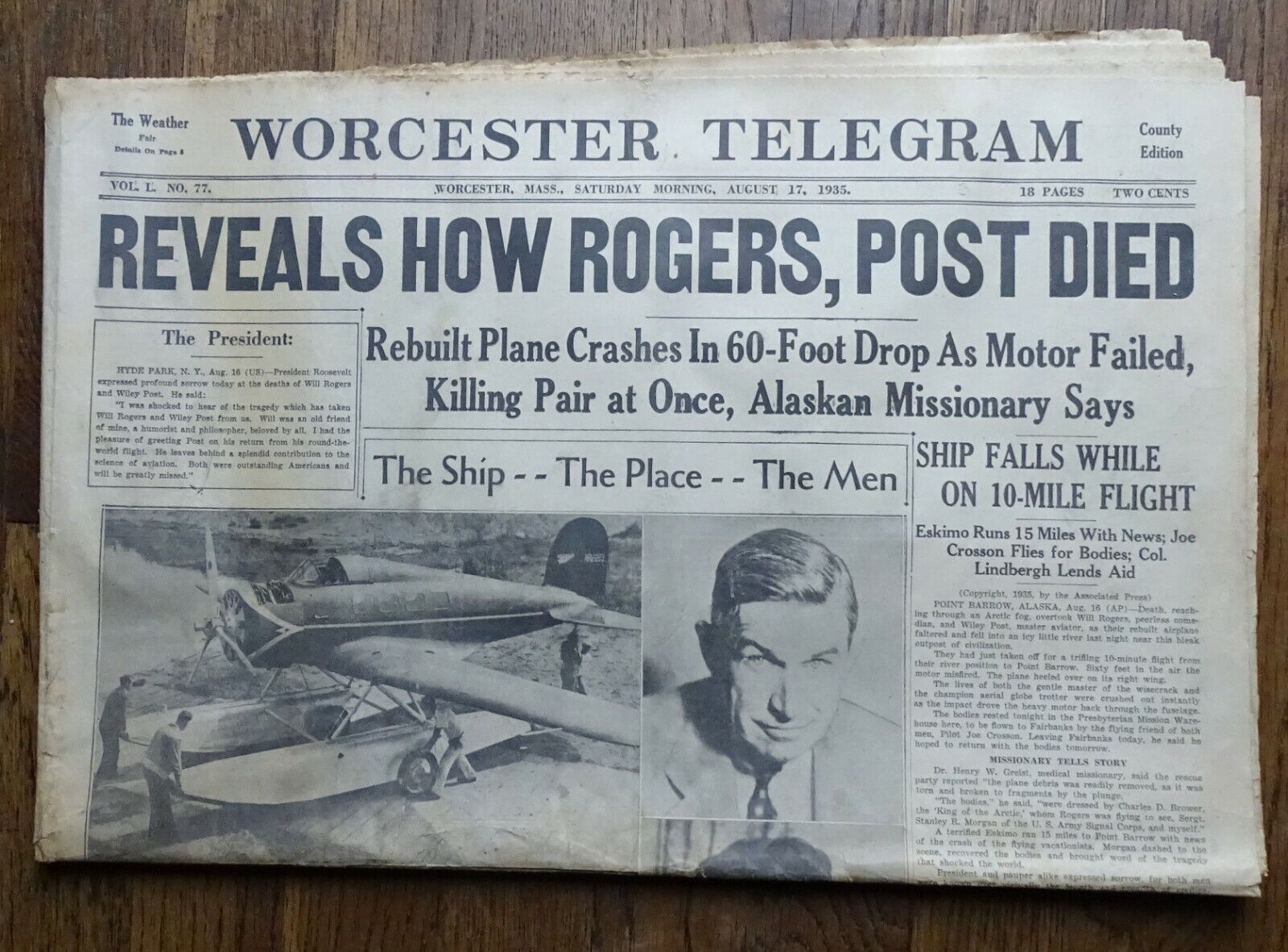 Will Rogers Wiley Post Dead - August 17 1935 Worcester MA Telegram (Newspaper)