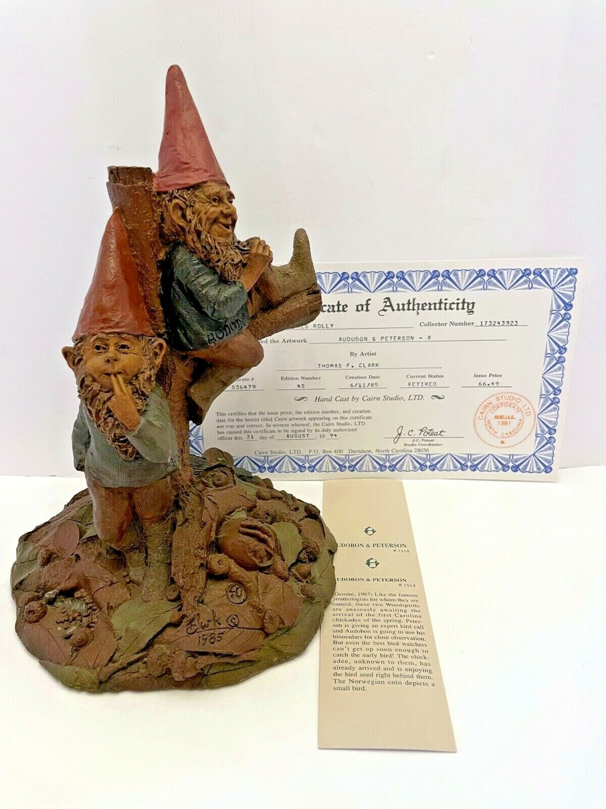 Tom Clark Clay Gnome Sculpture Audubon And Peterson 1985  Item #1114 Ed. #40 COA
