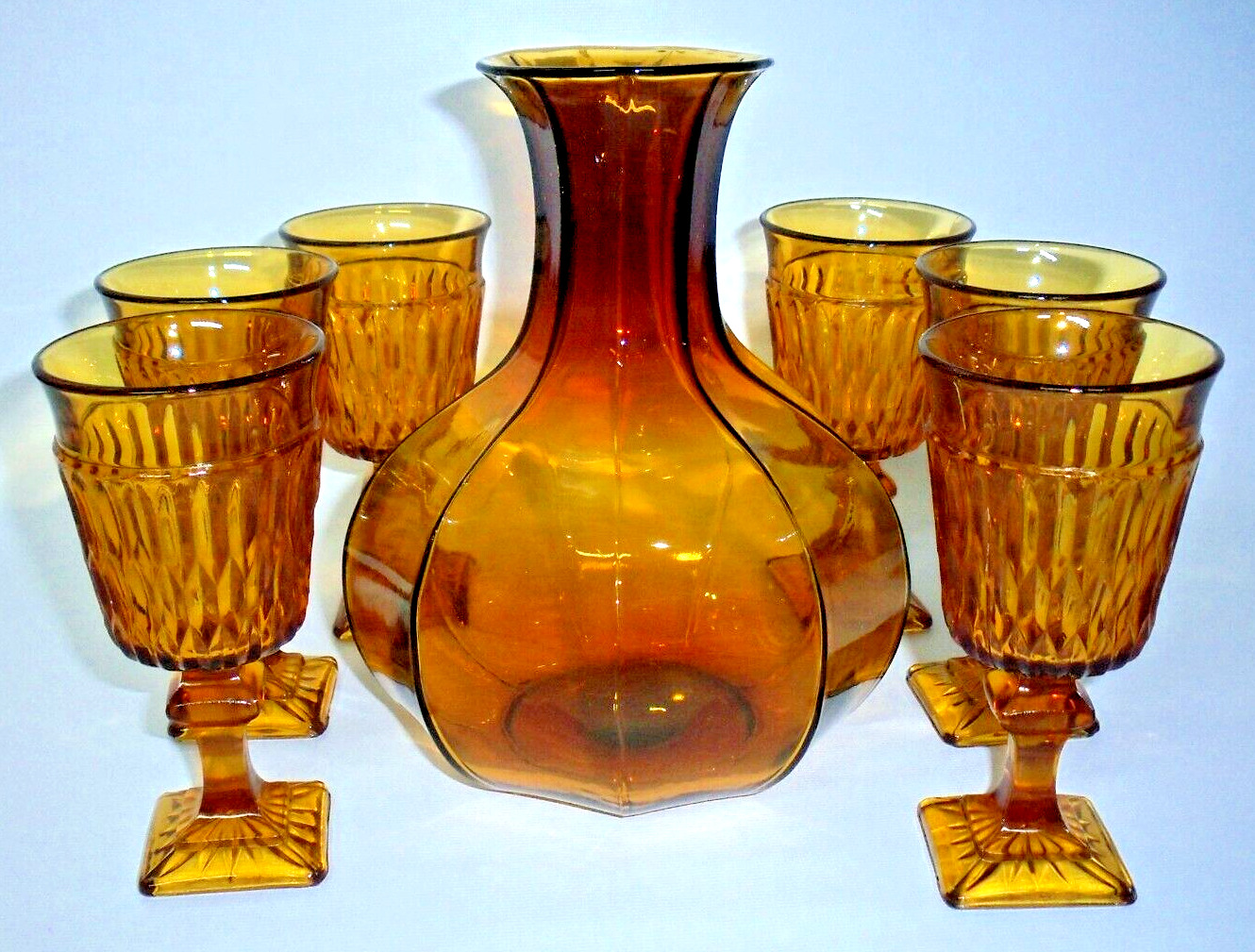 1970s Tiara Indiana Glass Amber Colonial Decanter & 6 Mt Vernon Wine Goblets