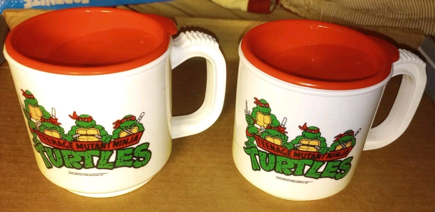 Two Vintage Teenage Mutant Turtles TMNT Mini Max Plastic Mugs Cups Red 1988