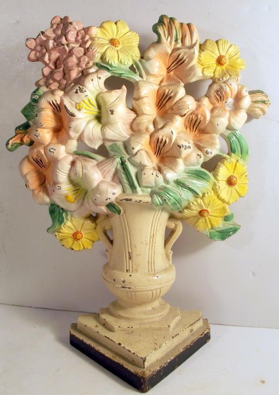 Antique All Original Cast Iron Hubley Floral Basket Urn #489 Doorstop c1930