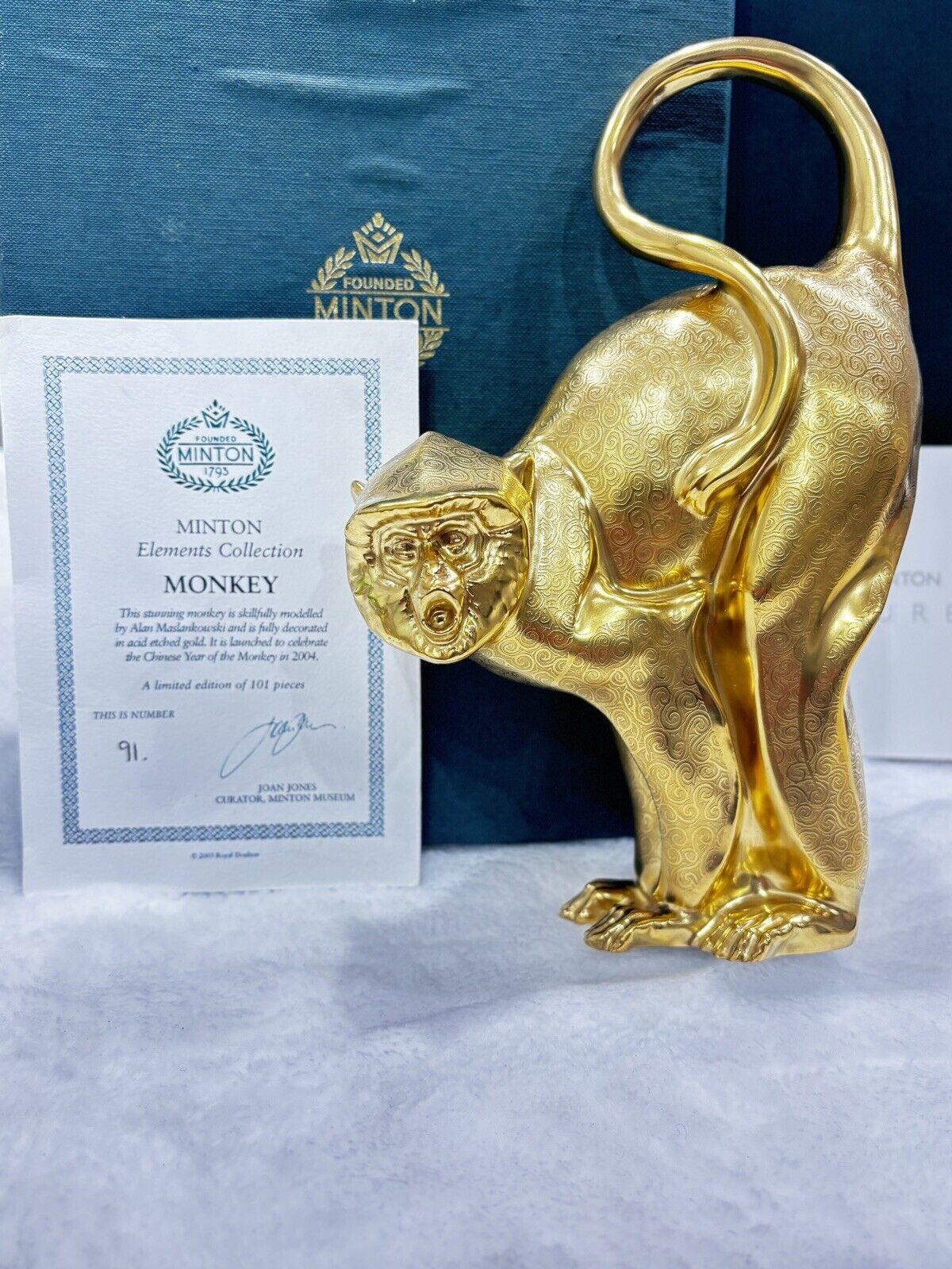 Minton Gold Monkey Figurine #91 of 101 Made. Orig Box And Signed Cert.