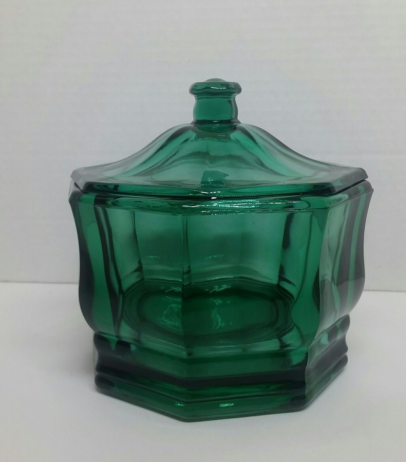 Vintage Indiana Glass Emerald Covered Candy Nut Dish Octagon Concord Pattern 