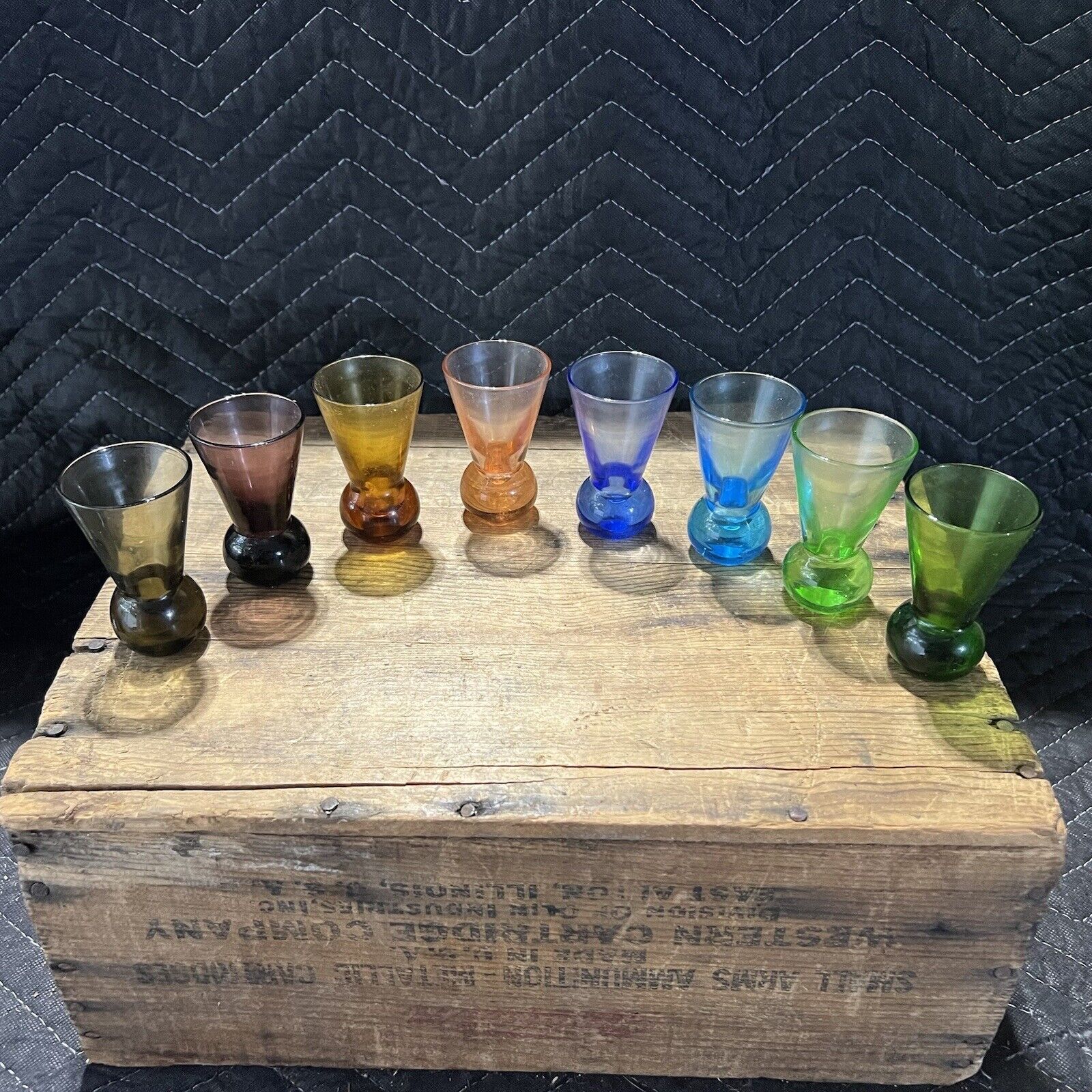 Great Set Of 8 Vintage Multi Colored Tapered Ball End Shot Glasses Mid-Century