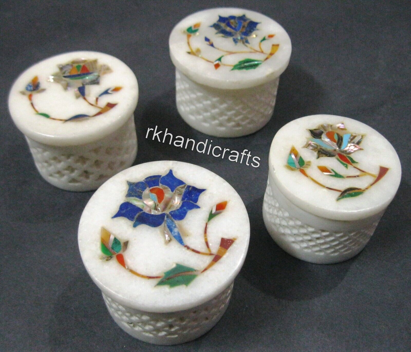 2.5 Inches Marble Jewelry Box Gemstone Inlay Work Pended Box Set of 4 Pieces