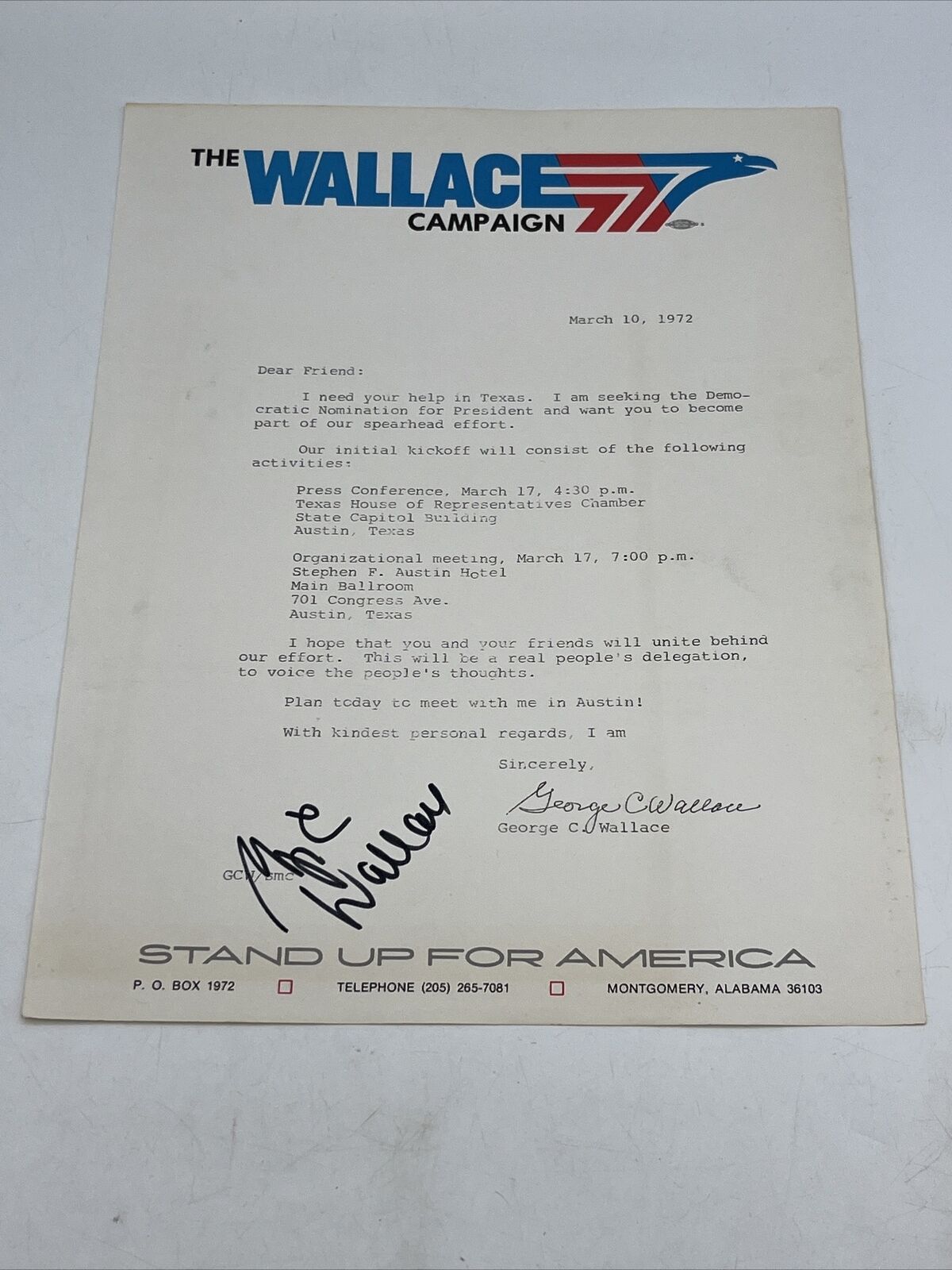 George C. Wallace Presidential Candidate Typed Letter Democratic 1972 Signed