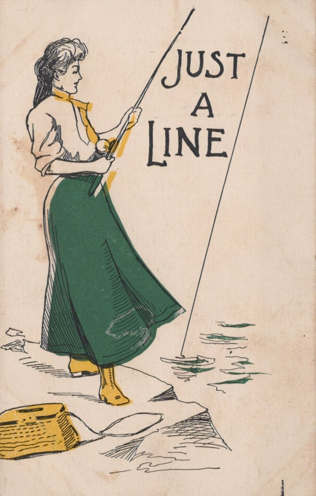Just A Line Woman Fishing Pole Antique Unposted Post Card