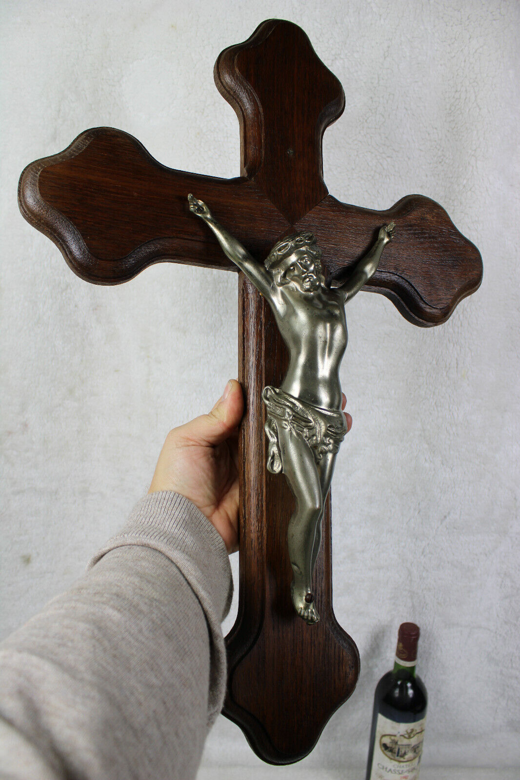 Antique French wood carved metal christ crucifix 