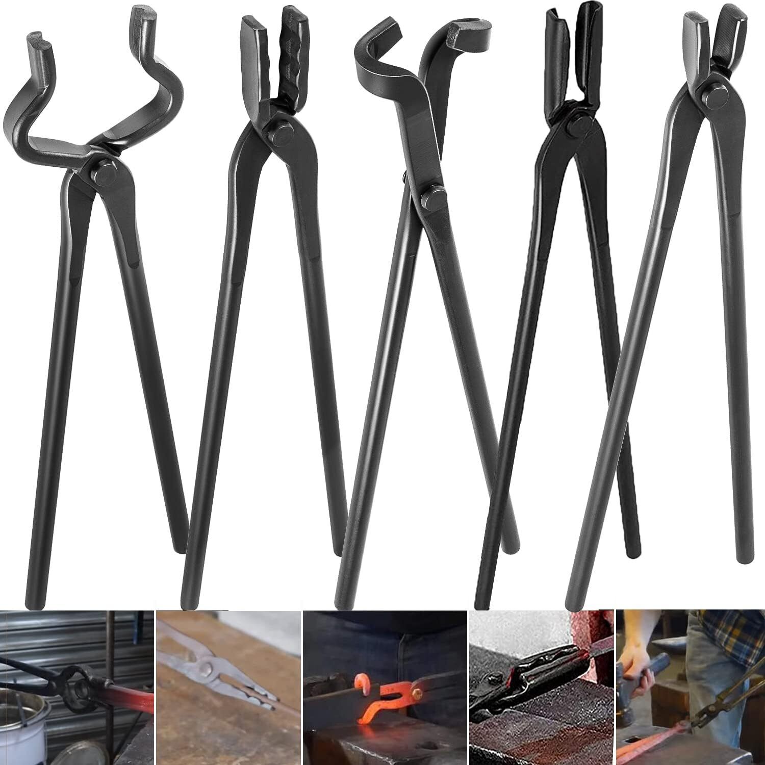 Professional Blacksmith Tongs Tools Set For Anvil, Steel Knife Making Set 5PCS 