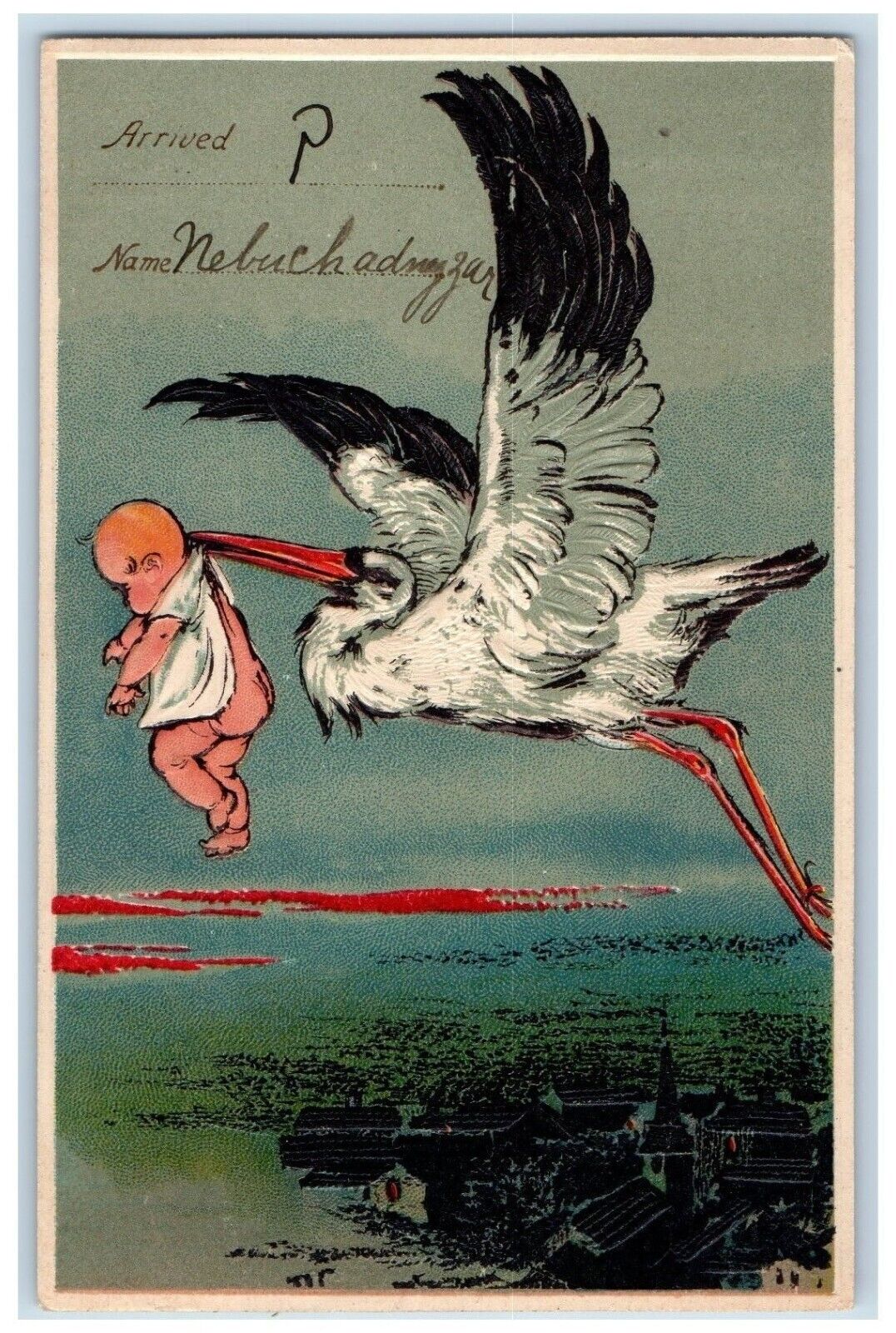 c1910's Stork Delivering Baby Embossed Ithaca New York NY Antique Postcard