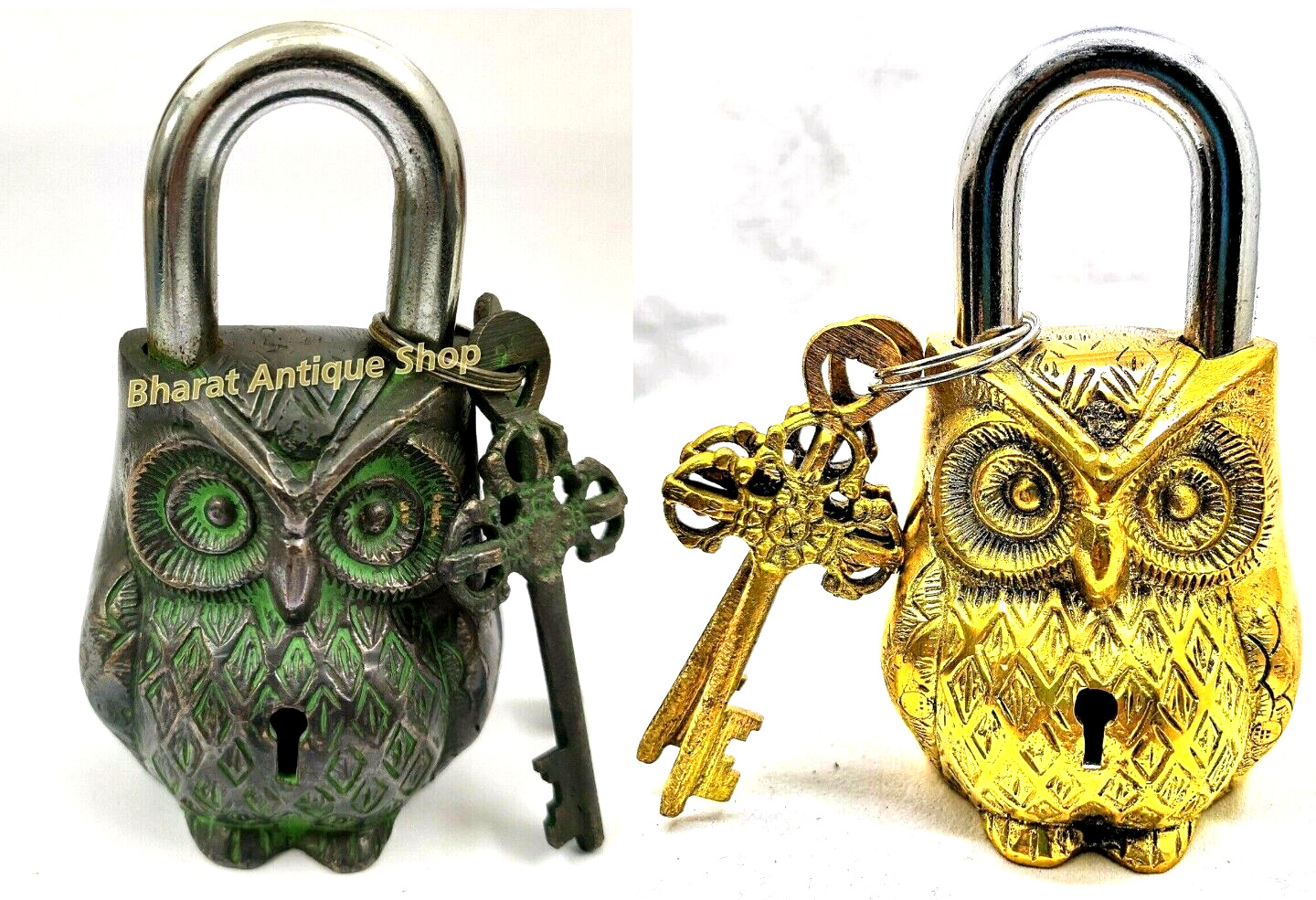 Set of 2 Antique Brass Owl Vintage Padlock with Working Key Rare Old Style lock