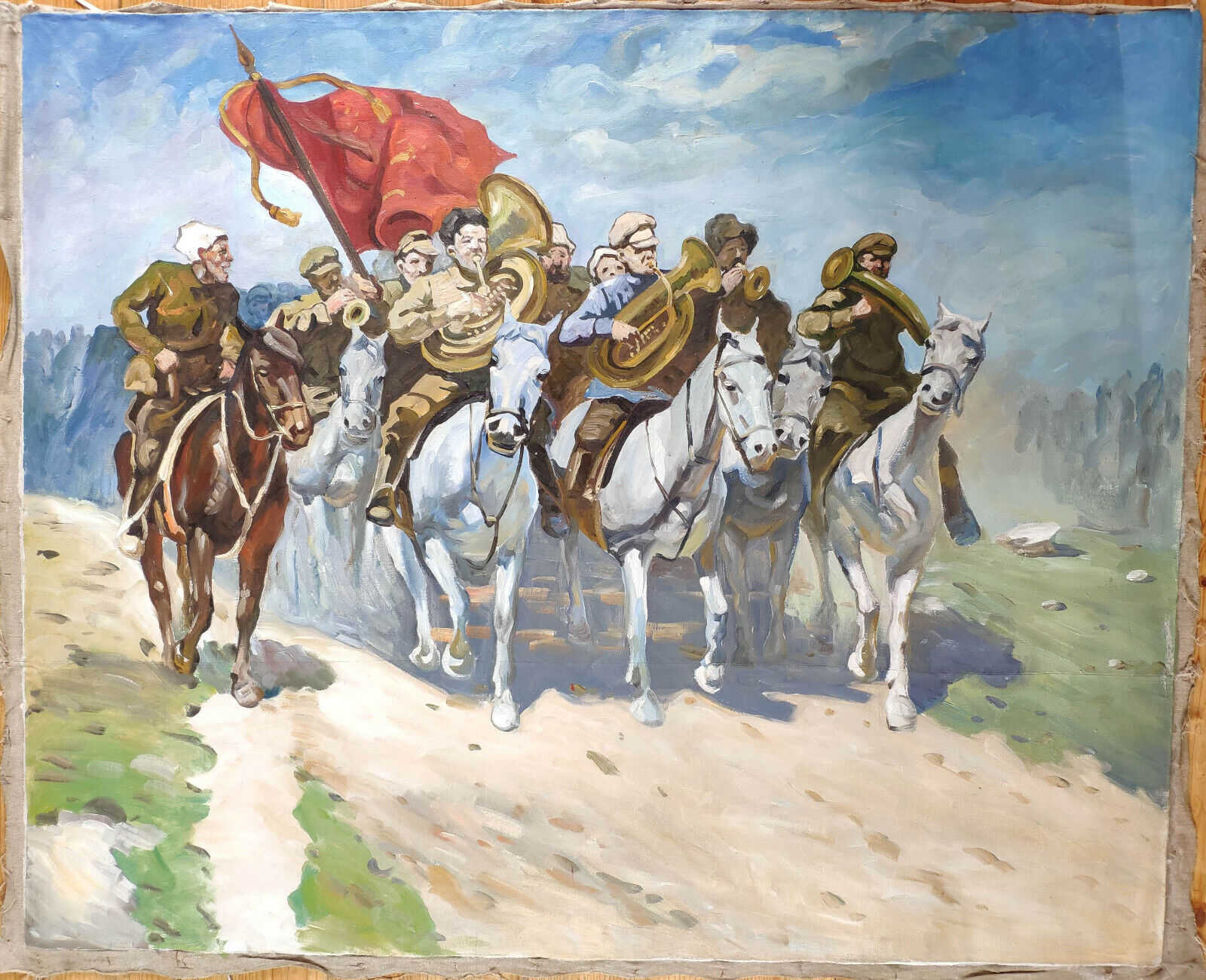  Ukrainian Soviet USSR oil painting cavalry Red Army riders banner trumpeters 