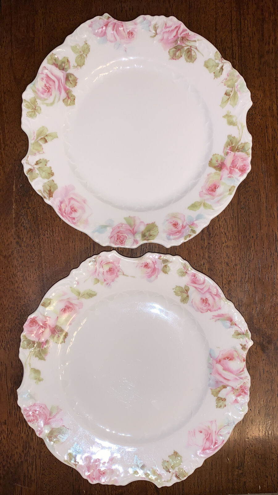 2 antique Prussia Pink Rose Plate 7.5” Scalloped Edge