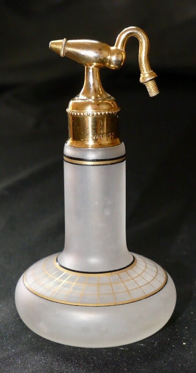 Antique DeVilbiss White Frosted Glass Perfume 4 1/4  Black Gold w windowpane