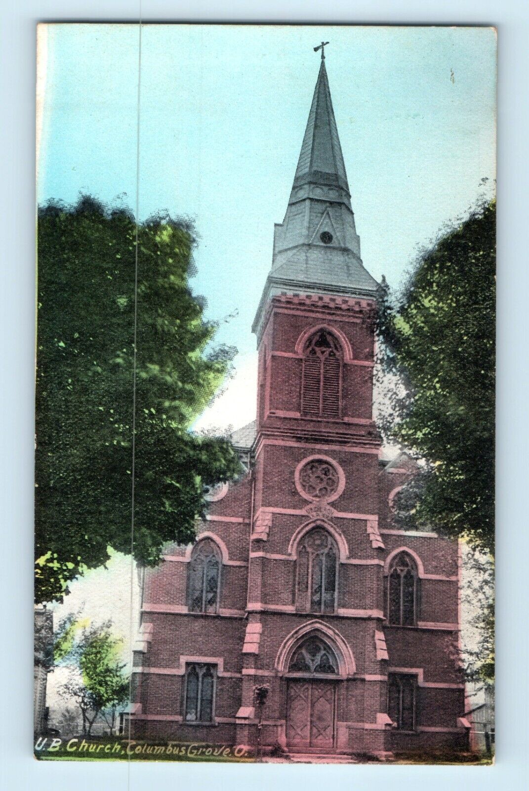 U. B. Church Columbus Grove Ohio Tinted Arched Windows Vintage Postcard A9