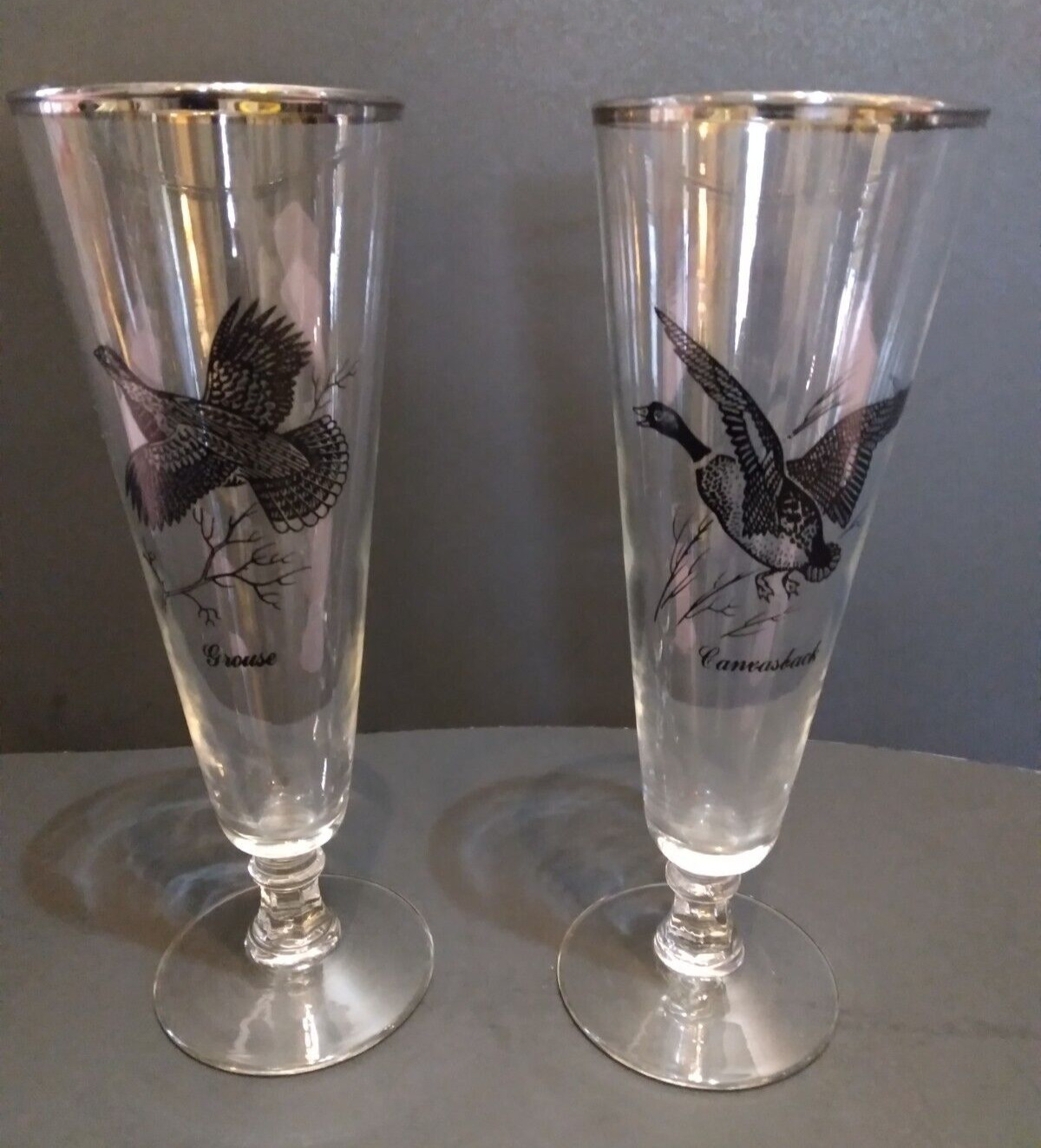 Vintage Federal Glass Wild Game Pilsner Beer Glasses Set of 2 Canvasback Grouse