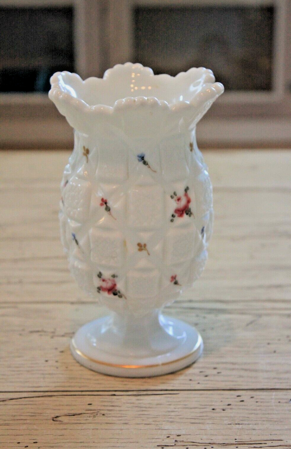 Vintage WESTMORELAND Milk Glass Hand Painted Quilt Pattern w/Roses Footed Vase
