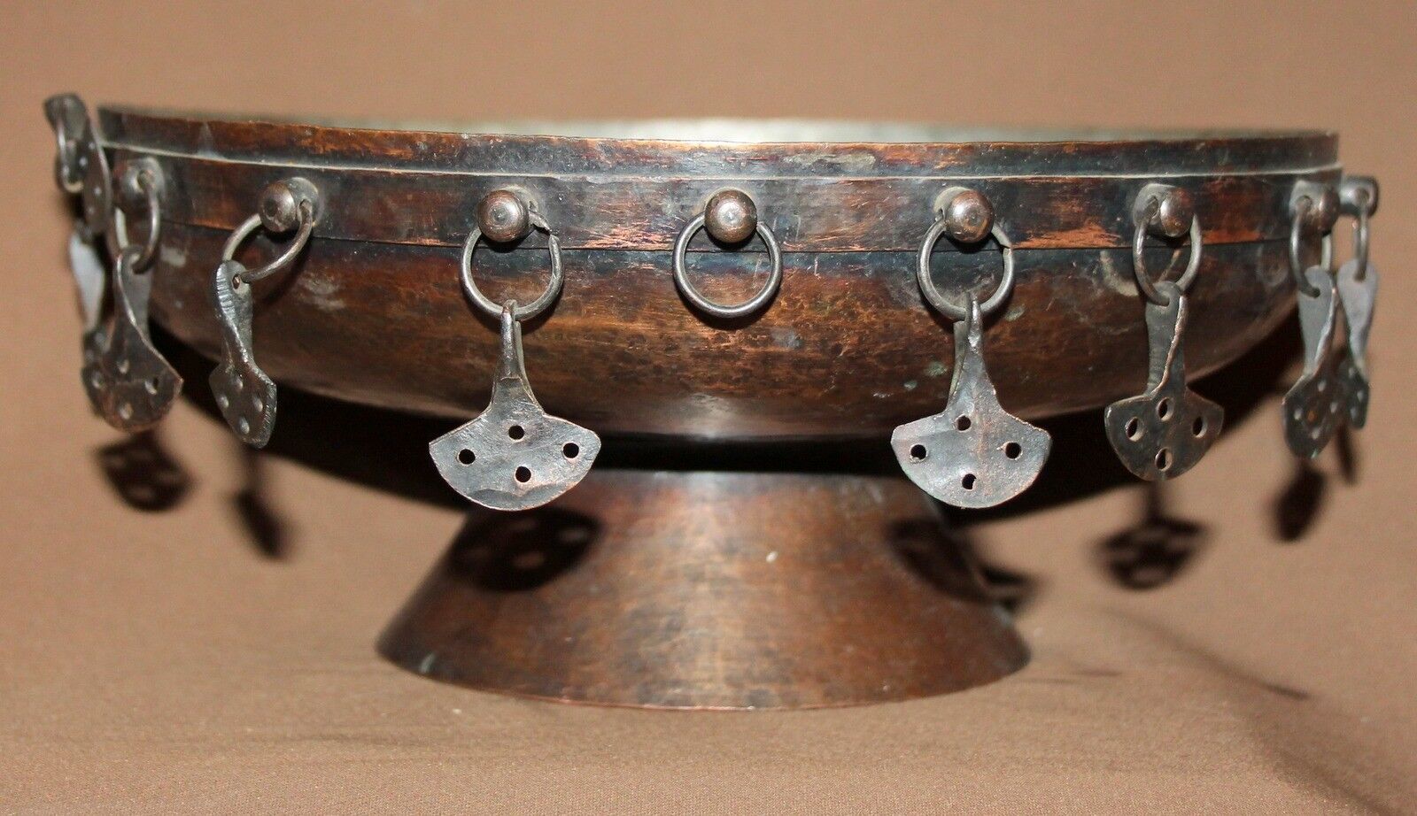 Antique hand made copper pedestal bowl platter 