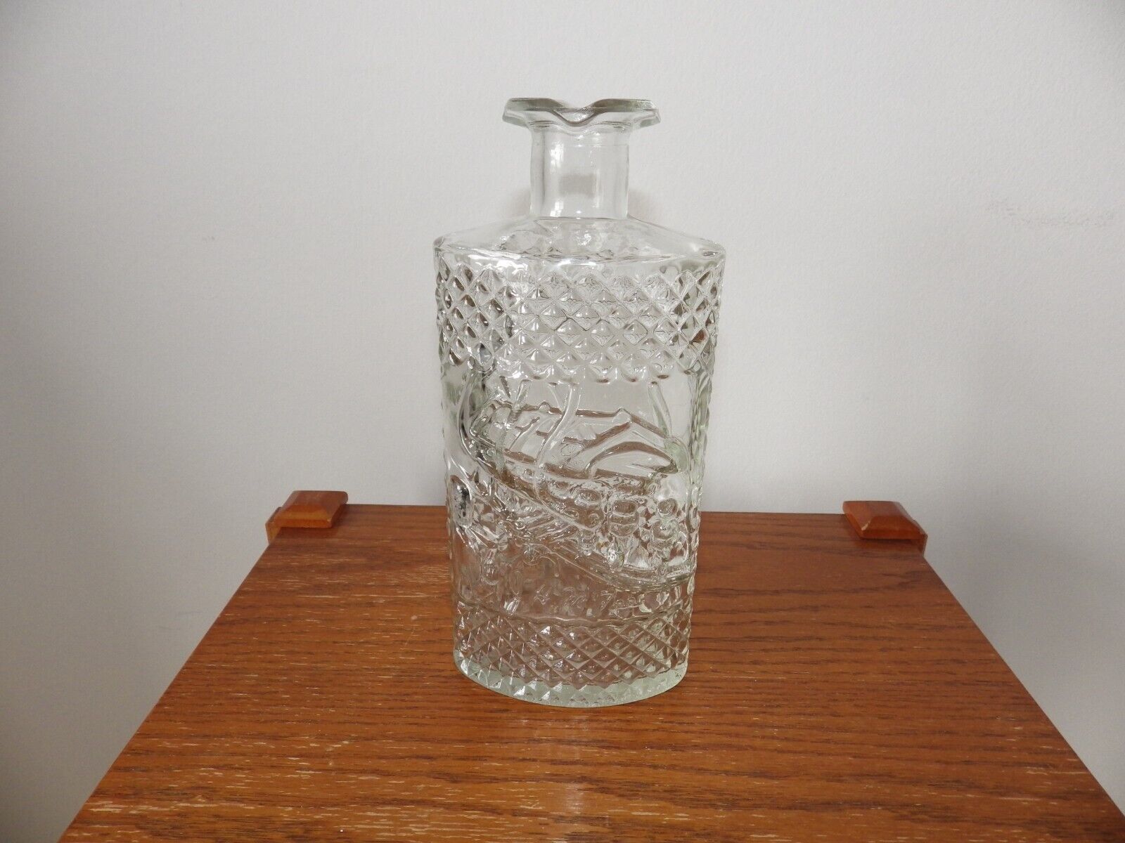 1978 Anchor Hocking Jim McFee Clear Glass Decorative Machinery Liquor Bottle