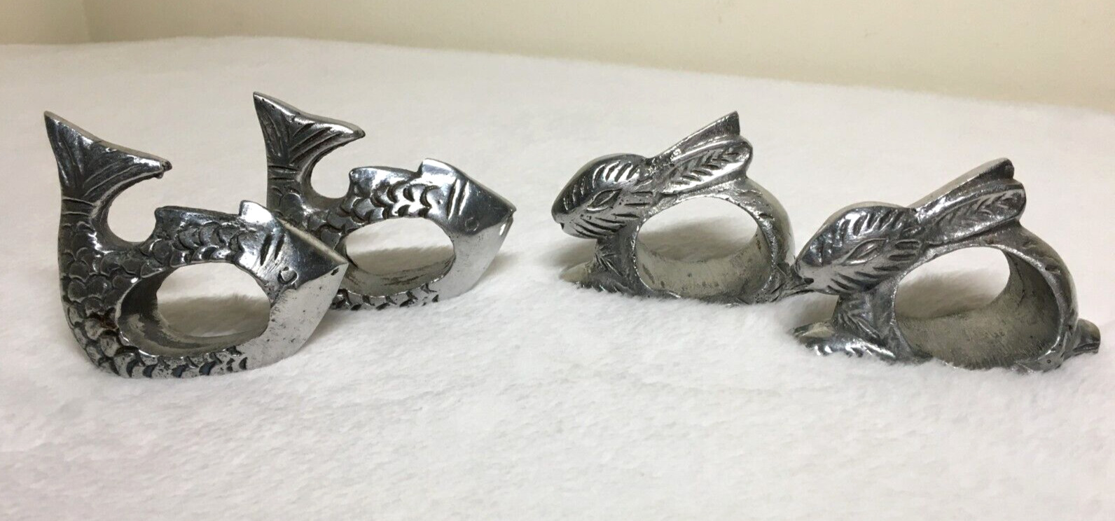 Vintage Silver Fish & Rabbit Metal Napkin Rings Set of 4 Heavy Weight