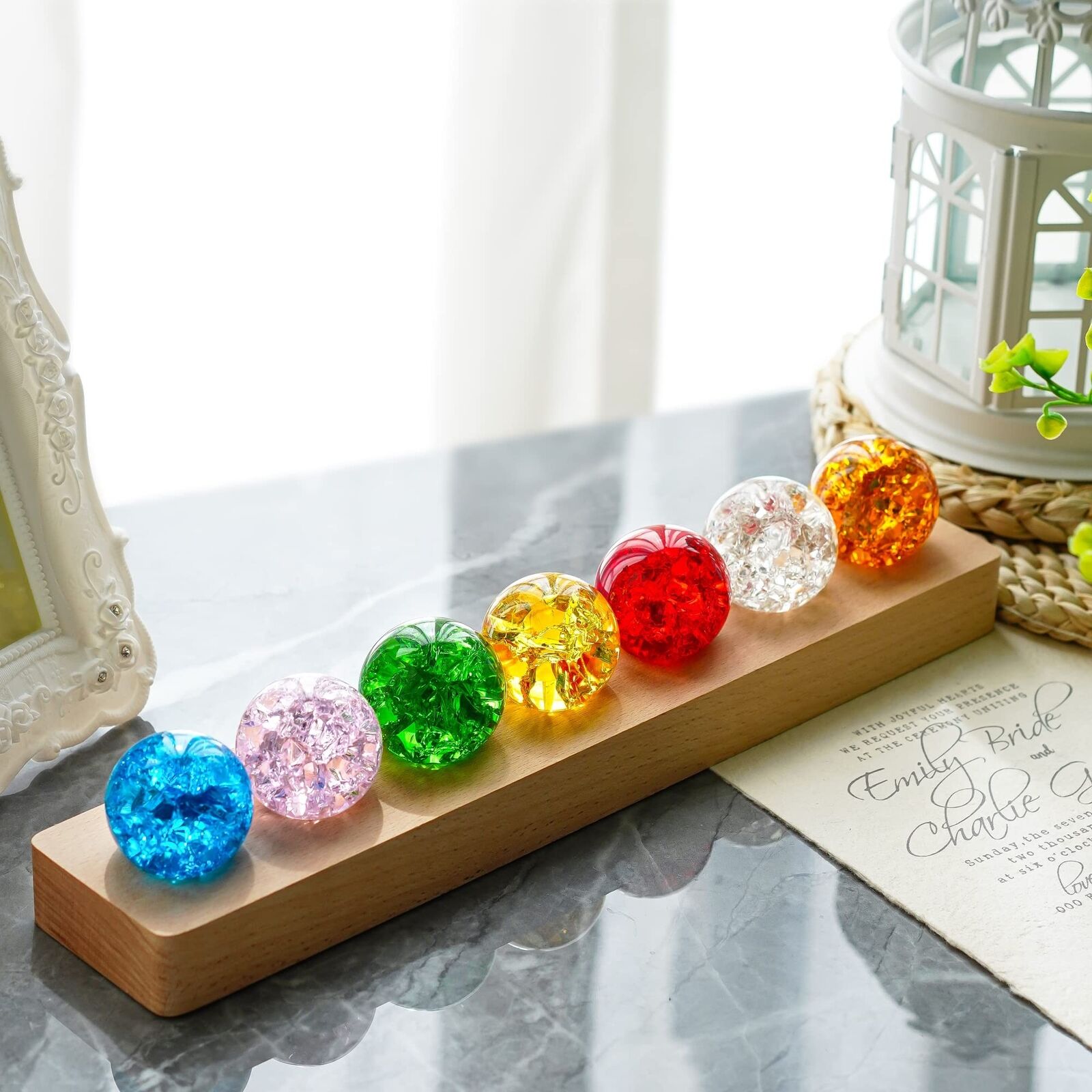 KRISININE 7 Colors 40mm Ice Cracked Balls Crystal Chakra Balls with LED Woode...