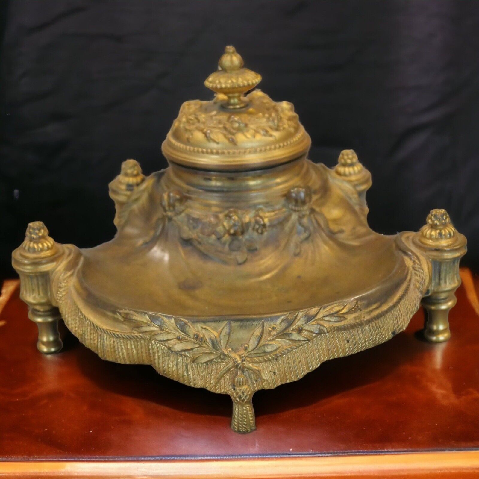 Circa 1880 French Louis XV Style Gilt Bronze Floral/Rope & Tassel Motifs Inkwell